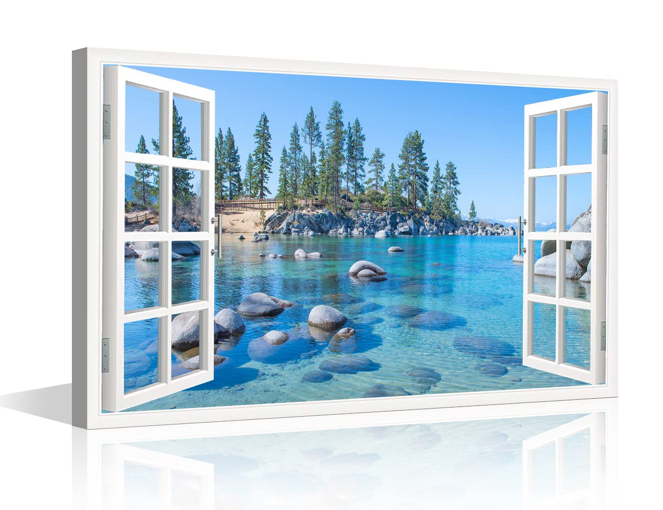 TISHIRON Window View Canvas Wall Art Neon Mountain Forest Rock Lake for Living Room Prints Natural Scenery Pictures Artwork Home Decor Framed Ready to Hang(24''W x 16''H)