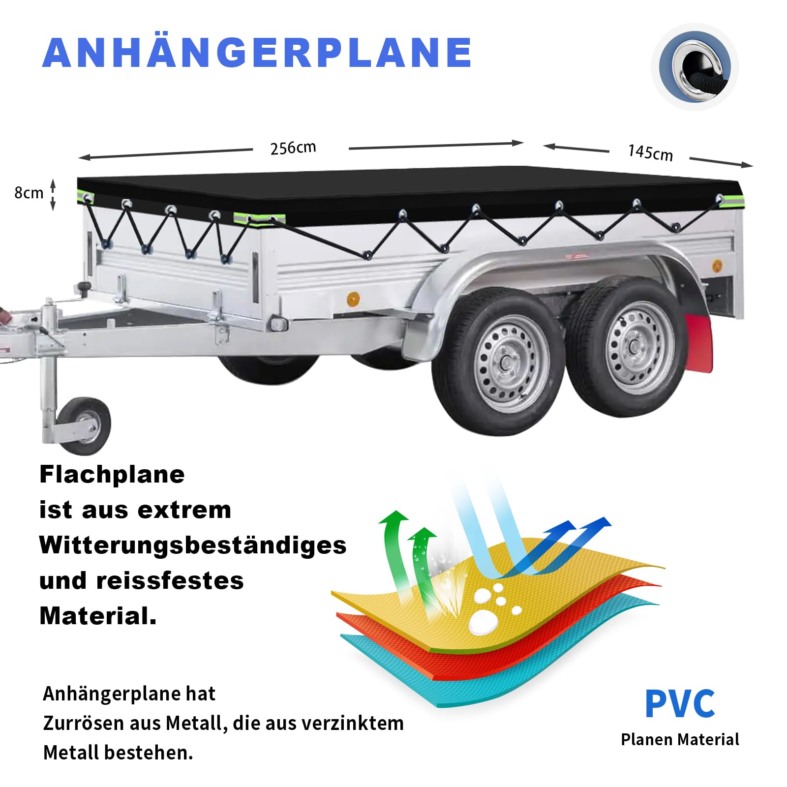 Lona Impermeable, 256x145x8cm Lona Remolque con Cuerda, Ideal para Pongratz LPA 250/13 und 750kg/850kg/1000kg/1300kg/1500kg/2000kg 251x137cm Remolque