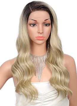 Kalyss 24" Side Parted Lace Front Wigs for Women Long Body Wavy Curly Heat Resistant Japan-made Synthetic Lace Frontal Wigs with Baby Hairs for Daily Wear Ombre Brown to Champagne Blonde