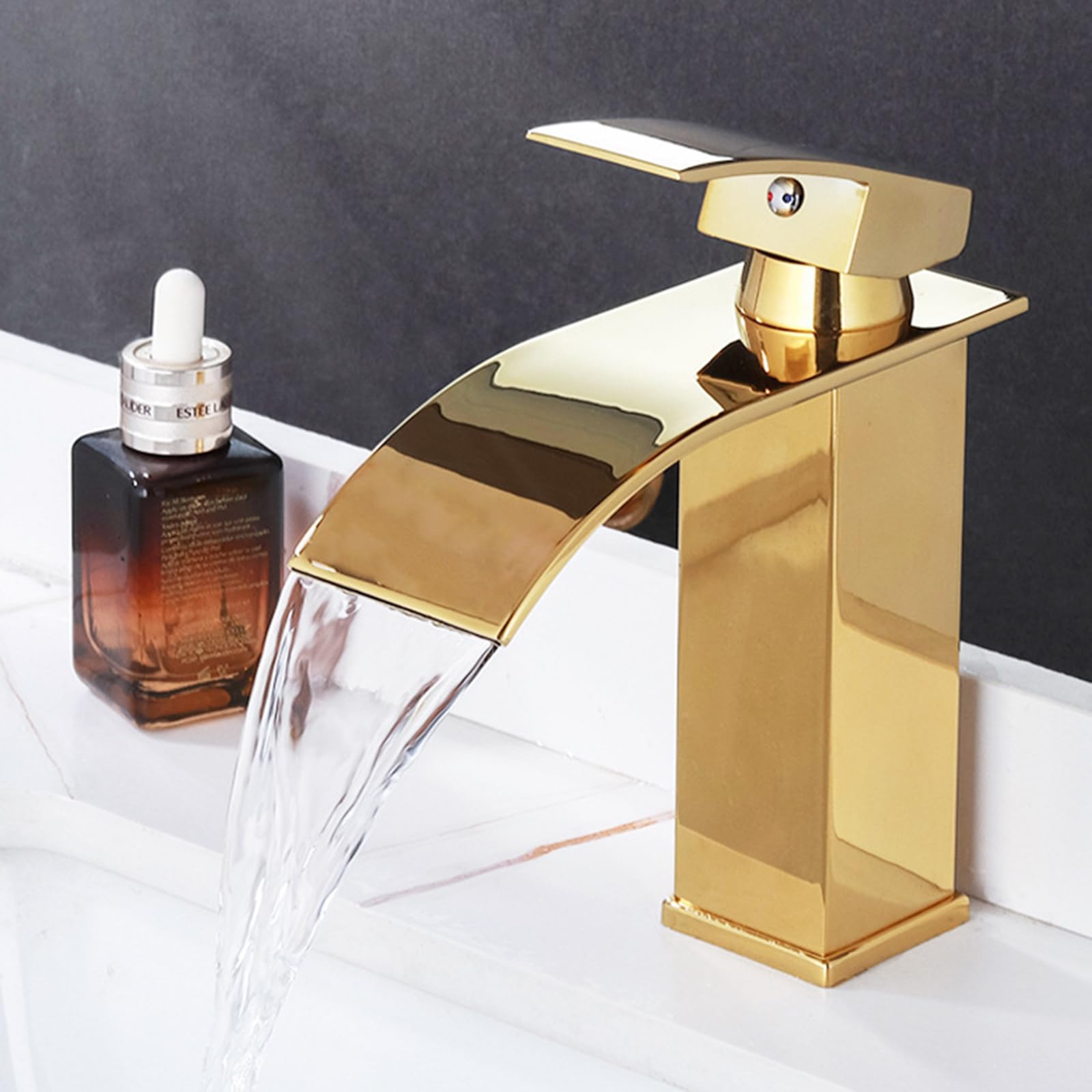 FQWNCIEG Waterfall Basin Tap Hot and Cold Single Hole Taps for Bathroom Basin Single Lever Mixer,Gold,Short