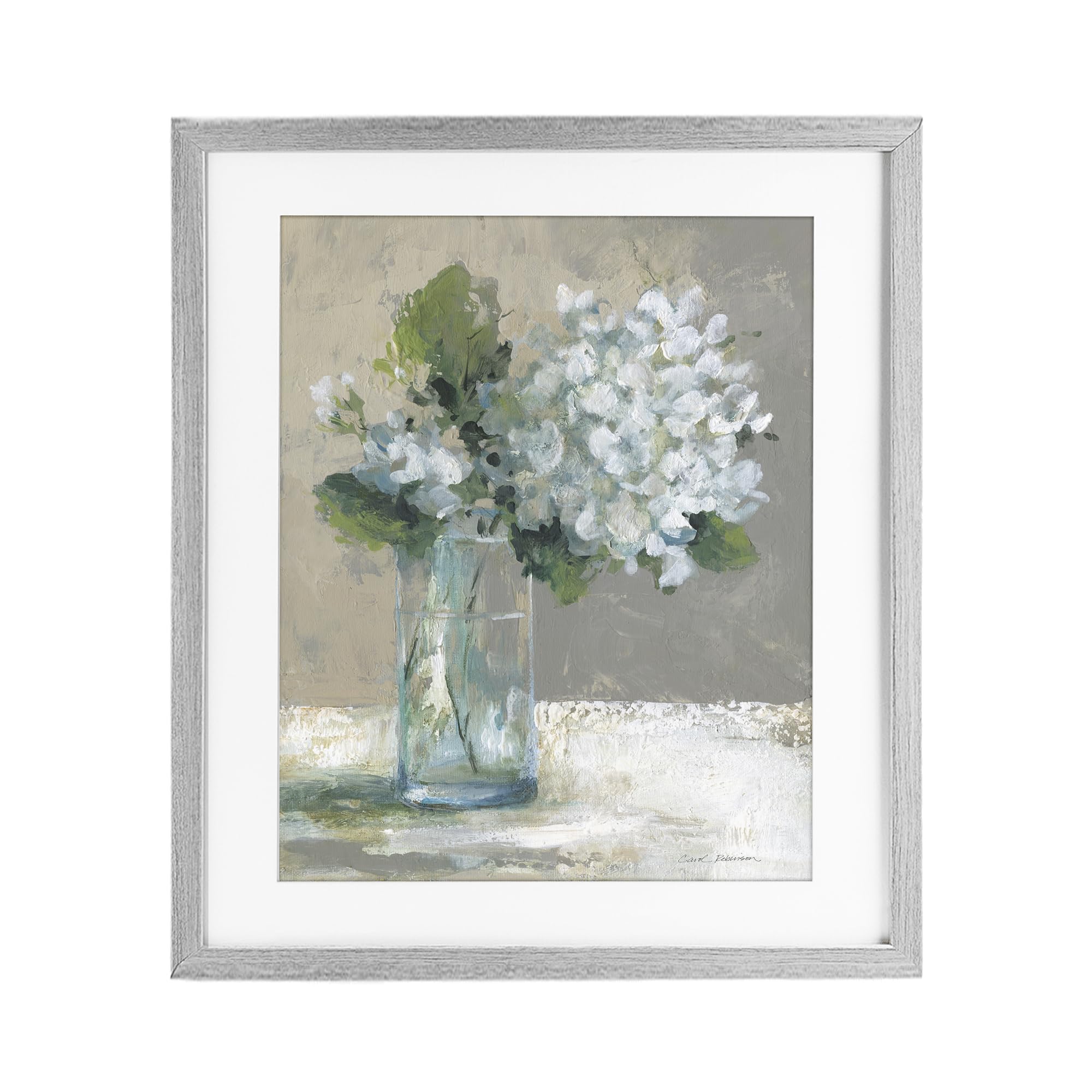 'Serene White Hydrangeas in Glass'| Framed Print Under Glass