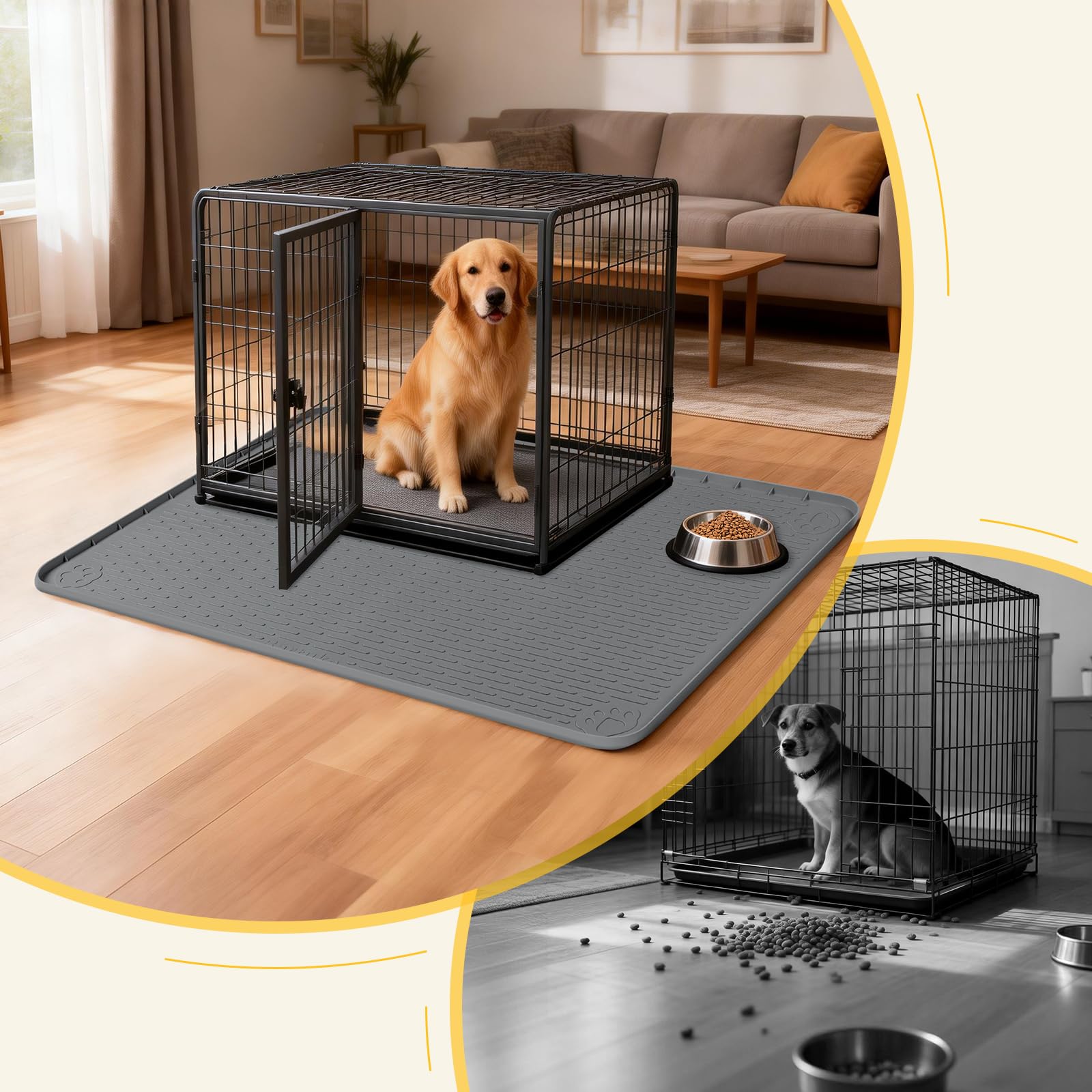 Tapis de boxe en silicone pour chien, tapis pour cages et chenil avec bord surélevé, tapis de lit pour chien, lavable, imperméable, anti-fuite, protège le sol (gris foncé, 132 x 88 cm)