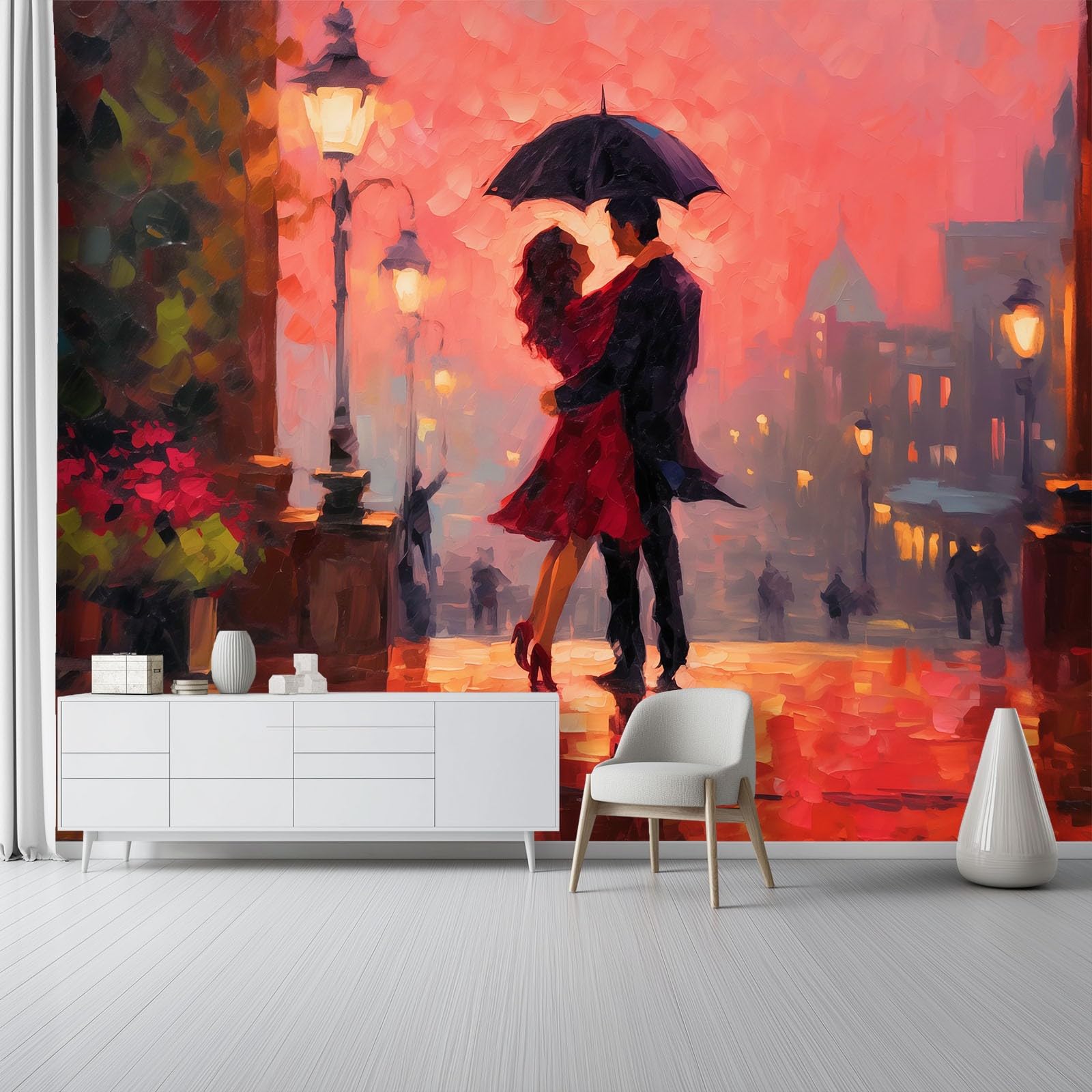 Papel tapiz Pareja Romance Noche Lluviosa Murales Papel Pintado Moderna Decoración 250 x 175 cm Lana Decoración De Pared Sala Cuarto Marrón cálido rojo anaranjado