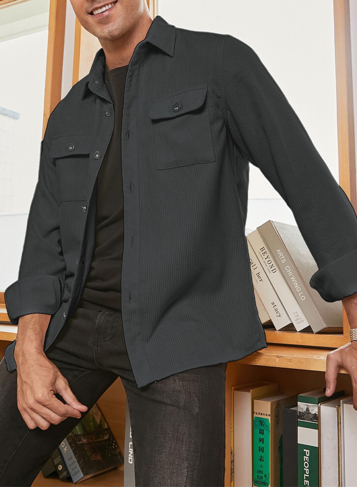 Elegancity Uomo Camicia in Velluto a Coste a Manica Lunga Casual Camicia Uomo Giacca Regular Fit Button Up Camicia Giacca con Tasca con Patta S-XXXL
