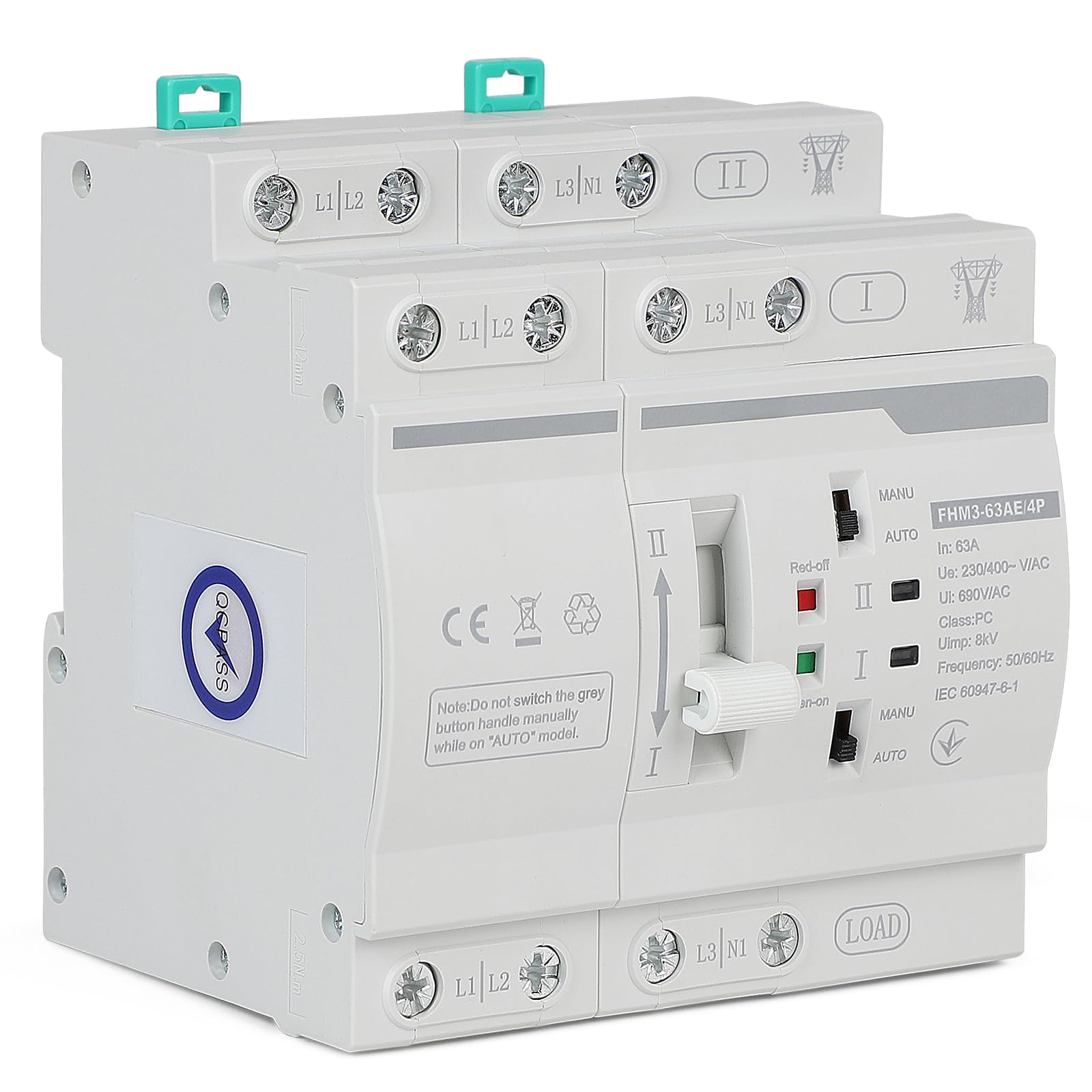 CPROSP Automatischer Transferschalter DIN 220V 63A 4P, Notstromschalter Transferschalter/Lastumschalter 4polig, Dual Netzteil DIN-Schienen-Umschalter