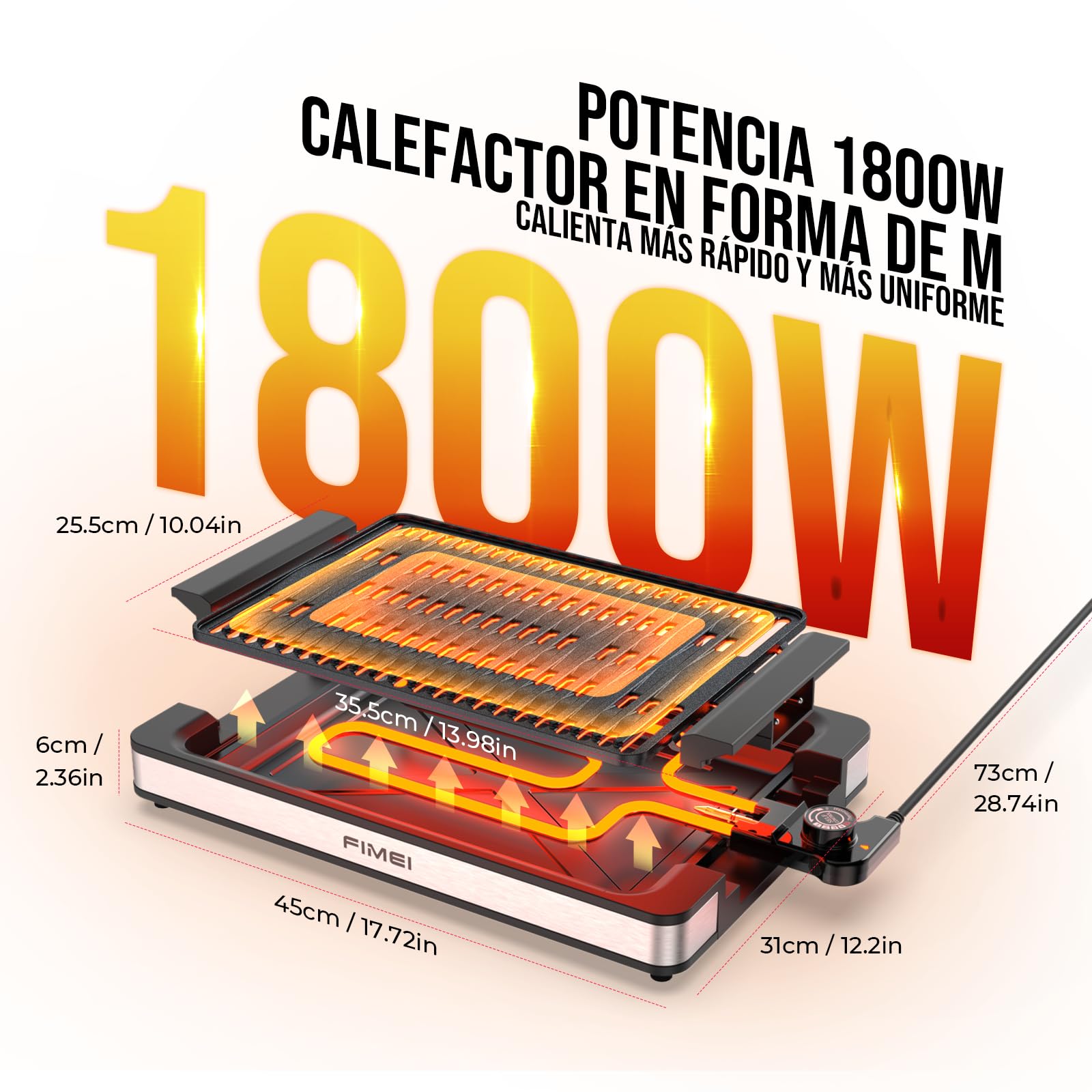 FIMEI Parrilla de Mesa 1800W, Barbacoa Eléctrica para Interior y Exterior, Plancha Cocina Electrica Recubrimiento Antiadherente, Termostato Ajustable, Bandeja Asar y Goteo Apta Lavavajillas