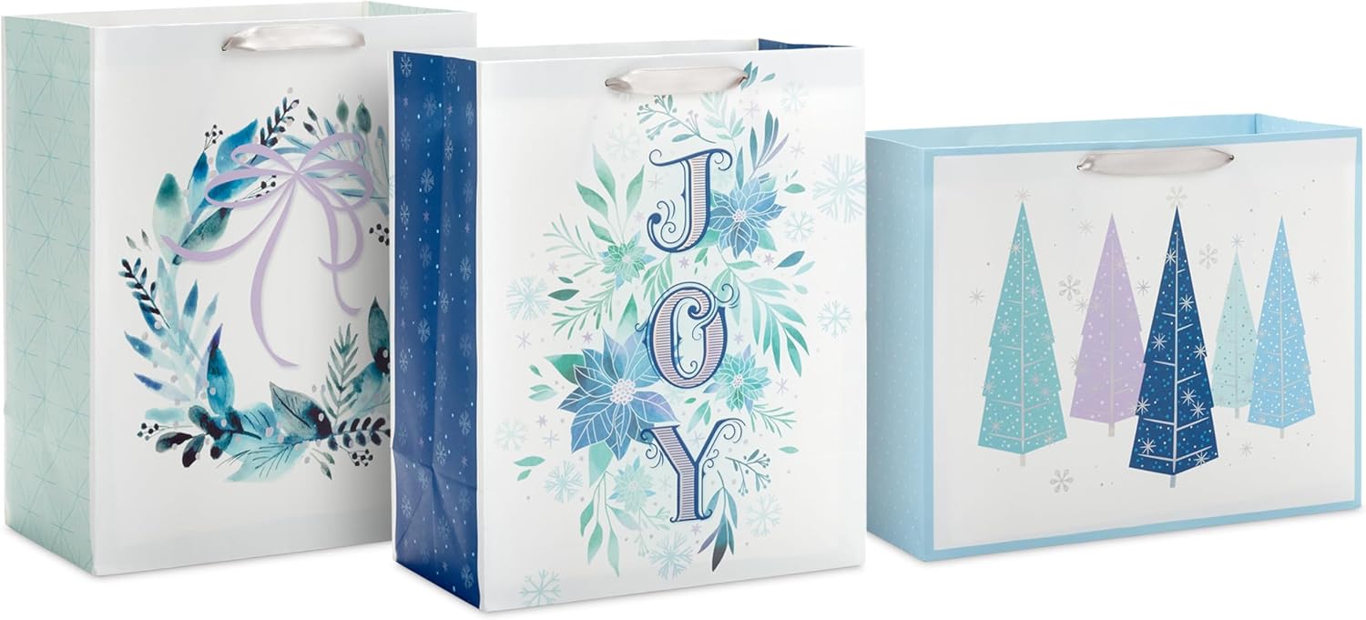 Hallmark 17" Extra Large Blue Gift Bags with Tissue Paper (3 Gift Bags: Starry Snowflakes on Navy) for Winter Weddings, Birthdays, Housewarming Gifts