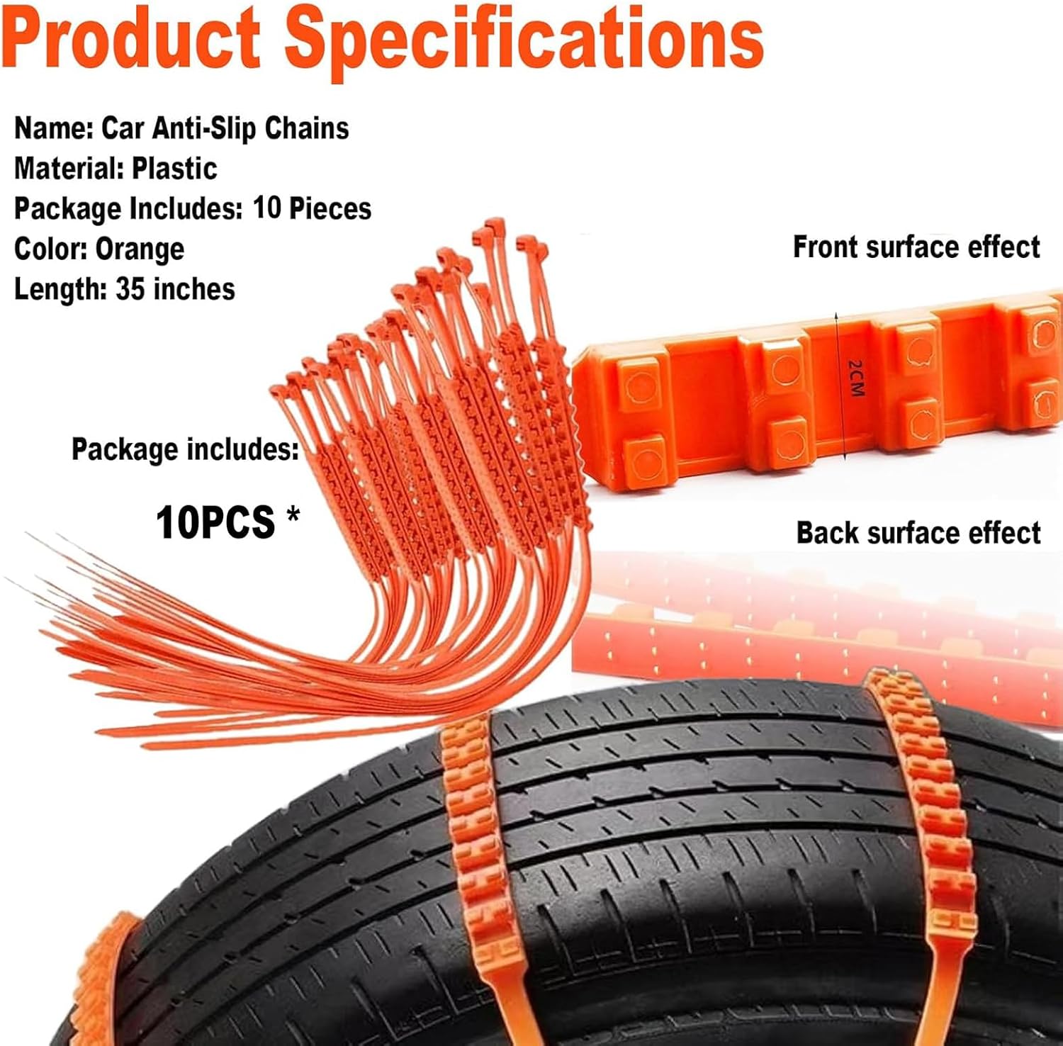10PCS Universal Anti-Skid Snow Tire Chains,2026 Upgraded Portable Emergency Non-Slip Plastic Cable Ties, Winter Car Truck SUV Traction Grips,Heavy Duty Plastic Wheel for Muddy Roads and Winter Driving