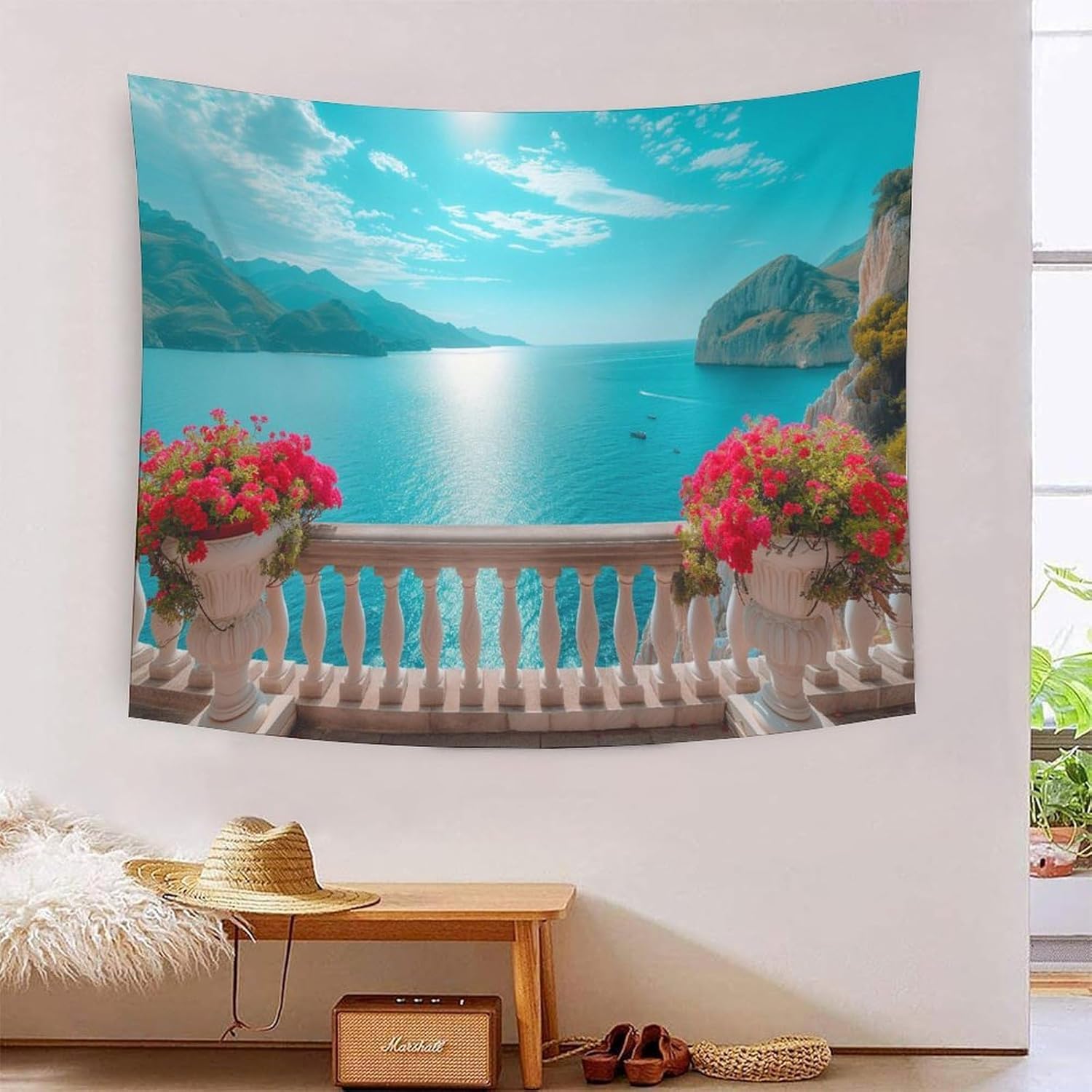 PUOJIEAT Dywan ścienny z widokiem na morze, ozdoba na ścianę, na taras, dywan ścienny, Aesthetic gobelin, chusta 3D, do sypialni, salonu, dekoracja ścienna, 300 x 260 cm, 976-GT