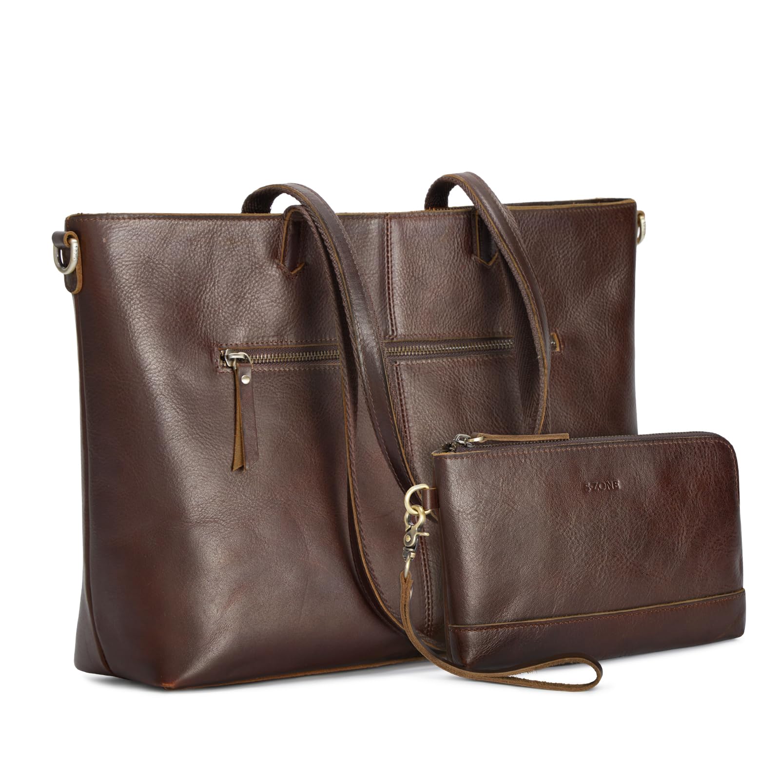S-ZONE Damen Leder Handtasche Große Shopper Tote Bag Arbeitstasche Schultertasche mit Laptopfach und Handgelenksgeldbörse 2-teiliges Set