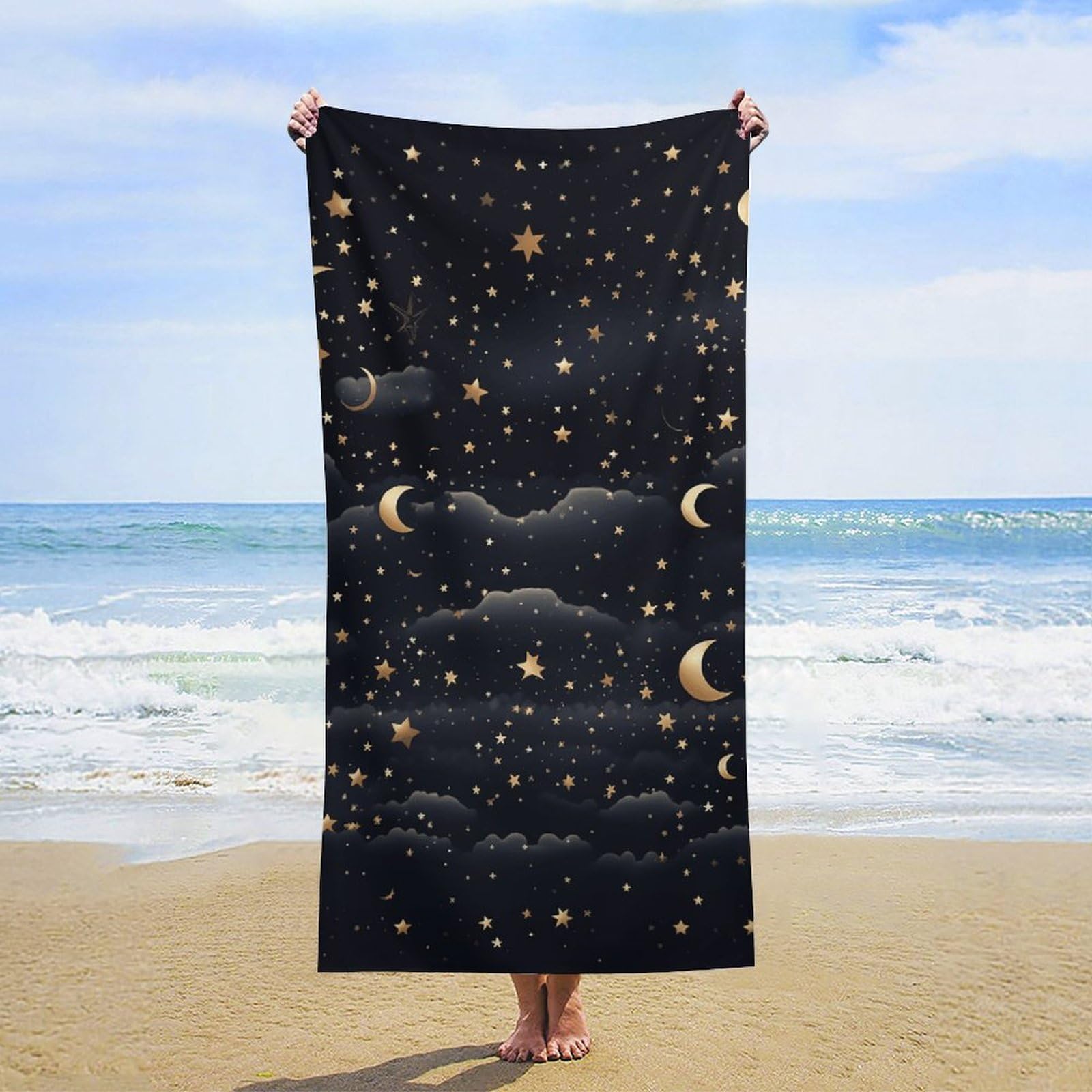 NTVOWPZO Stars and Moon on Dark Background Beach Towel Oversized Microfiber Bath Towels Lightweight Sand Proof Beach Towels Absorbent Pool Towels for Swimming Yoga Bathroom Towel 31.5" X 63"