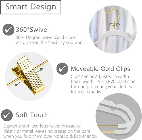 Miniatura 2 de MIZGI Perchas de terciopelo para pantalones de alta calidad con clips ajustables (paquete de 20) perchas delgadas para faldas - Perchas