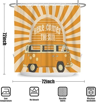72x72 Hippie Retro Sun Sunshine Shower Curtain, Boho Vintage Bathroom Decor