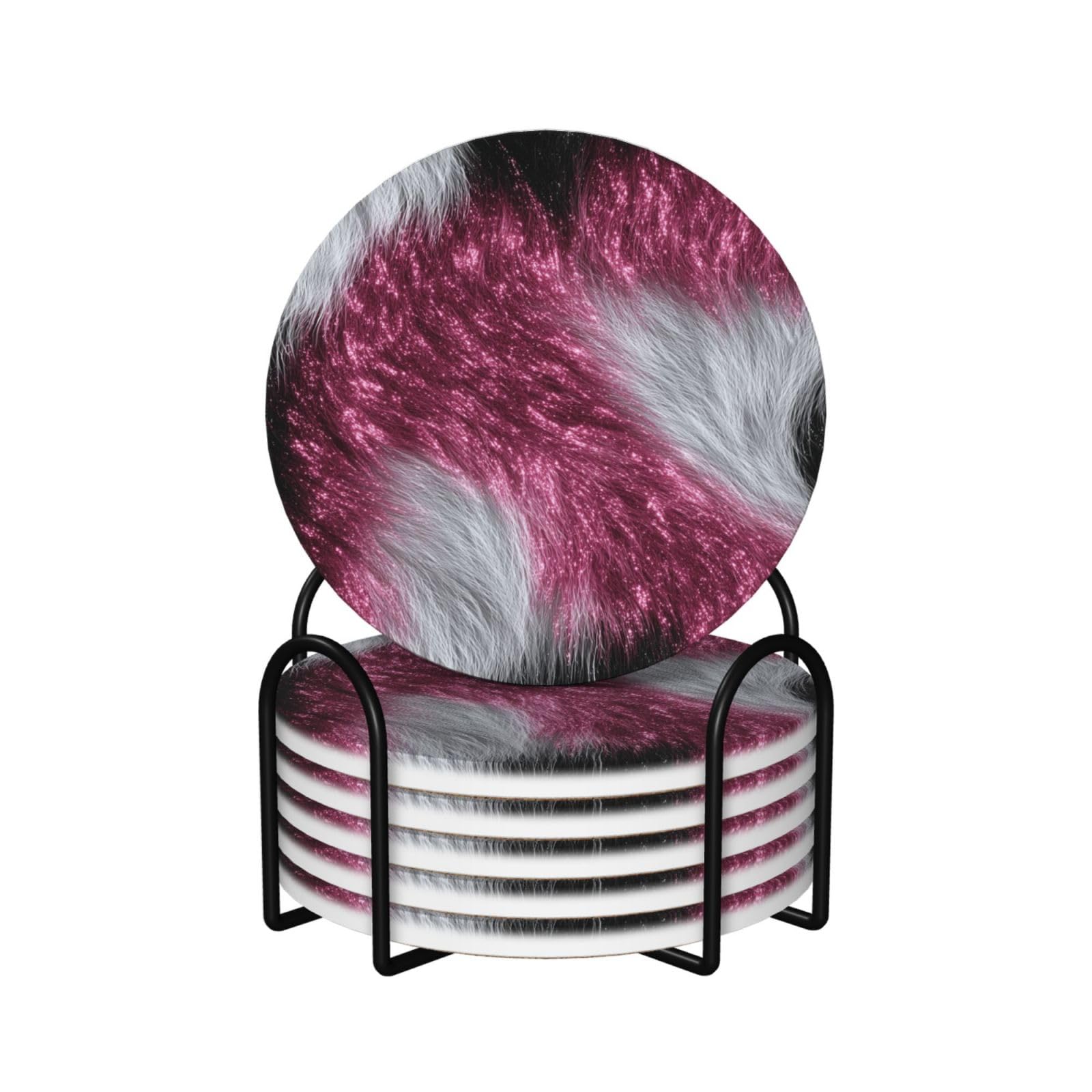 Pink Glitter Cowhide Texture Ceramic Coasters with Holder 6ps
