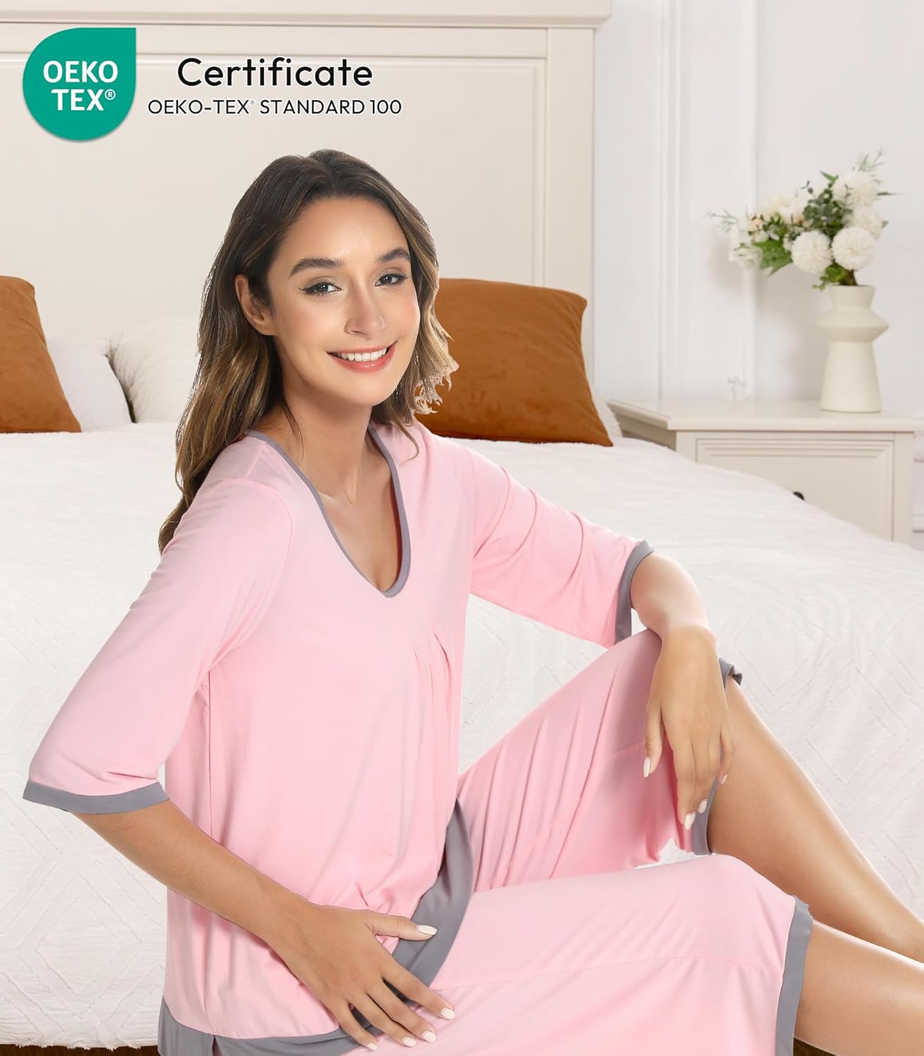 NACHILA Pajamas for Women-Viscose Made from Bamboo, Soft 3/4 Sleeve Pjs Summer Capri Pants Pajamas Set Cooling Sleepwear - Image 3