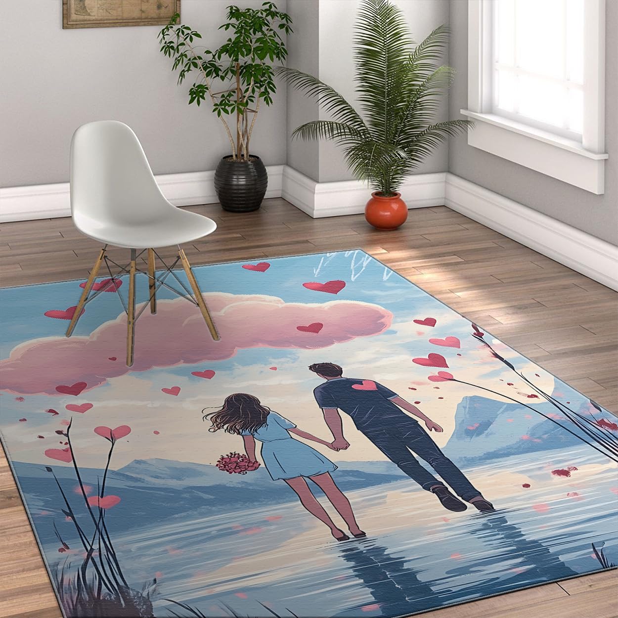 Dreamy Journey Runner Rugs 200x300cm Romantyczni miłośnicy w odbiciu wody z różowymi chmurami i wzorem serc cienki dywan antypoślizgowy szybkoschnący