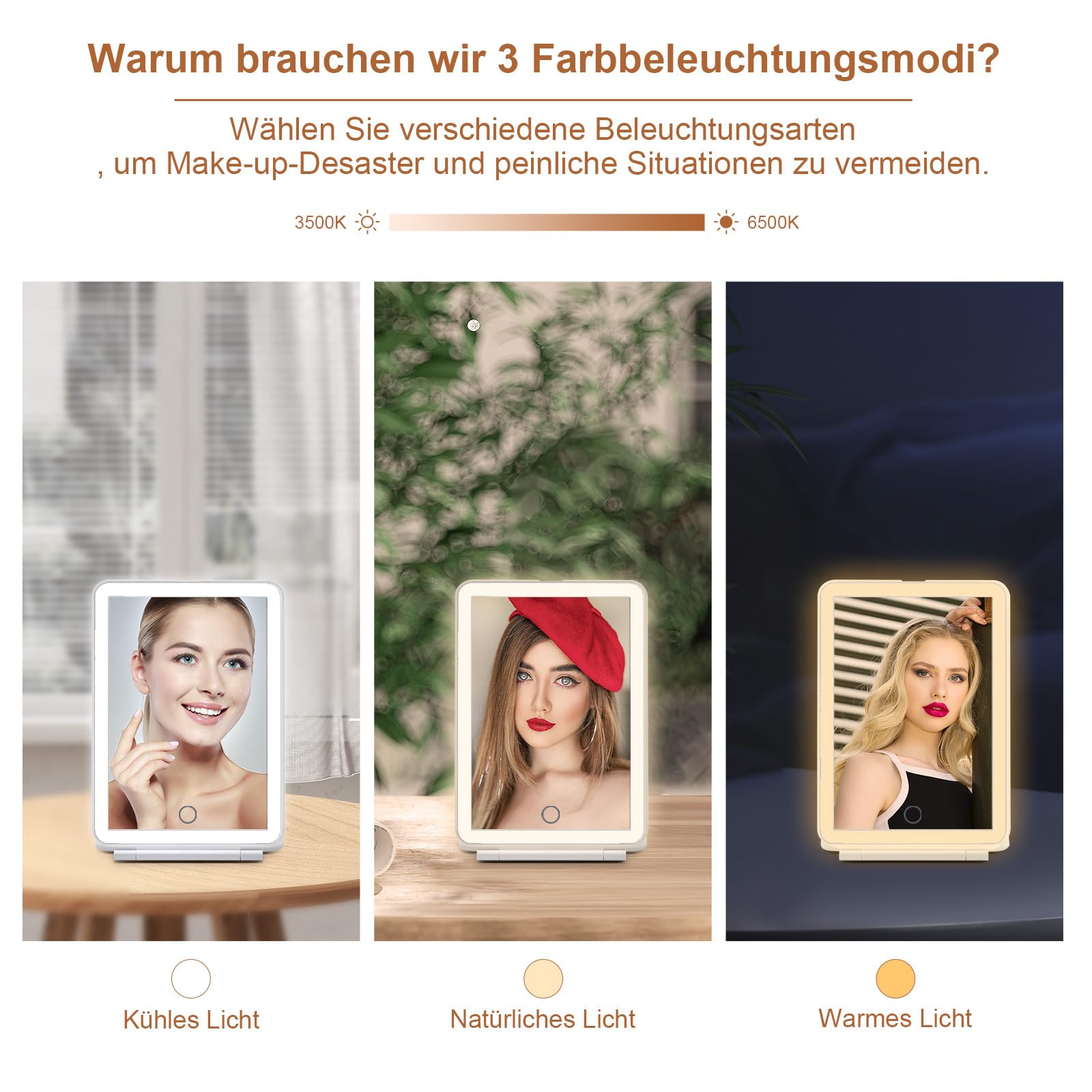 FASCINATE Kosmetikspiegel mit Beleuchtung, Wiederaufladbarer LED Schminkspiegel mit 3 Lichtfarben, Vergrößerungsspiegel Helligkeit einstellbar