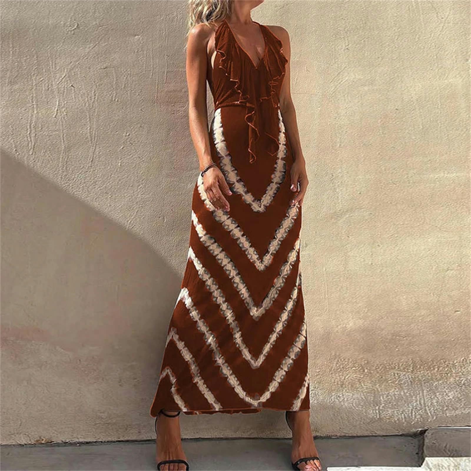 Vestito Donna Abito da Festa Lungo con Volant A Pizzo Halter Estivo Magro V-Cotto Profondo V -01 Nero-m
