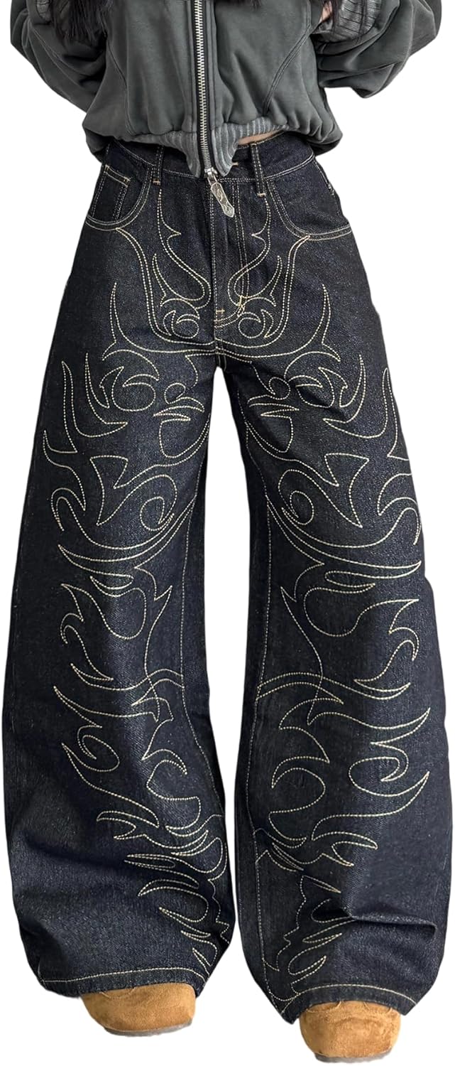 Women's Baggy Jeans Embroidered Wide Leg Jeans Y2k Hip Hop Loose Fit Denim Pants Skater