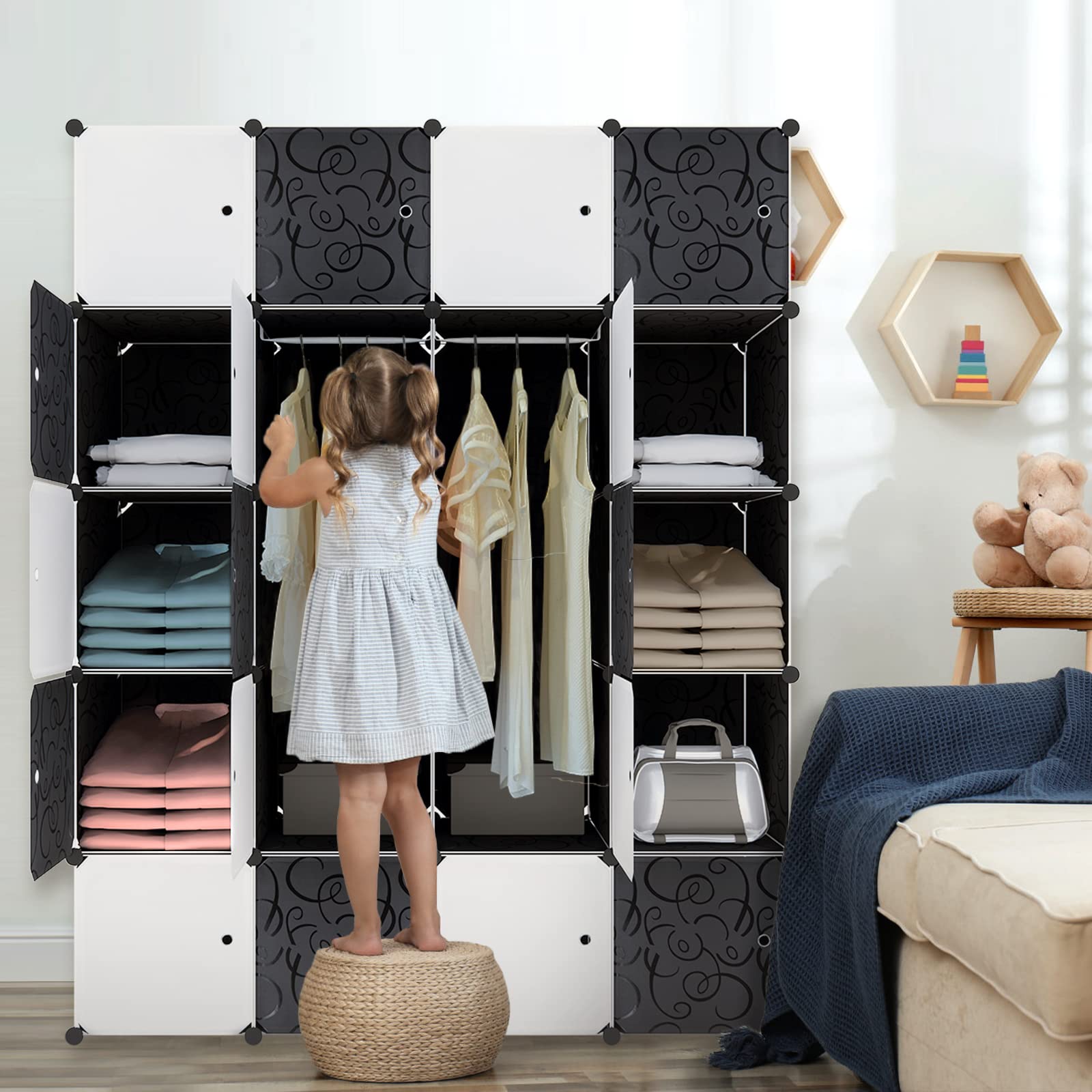 HENGMEI Armario Armario sistema de estanterías con puertas de plástico PP para guardar ropa, libros, bricolaje montaje (20 cajas con puerta, con 2 barras negras)