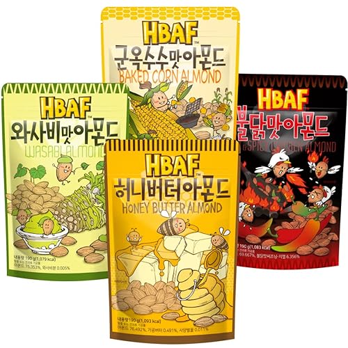 Official Gilim HBAF Paquete de regalo de 4 sabores de almendras sazonadas coreanas (mantequilla de miel, 1 x 6.70 oz, wasabi, 1 x 6.70 oz, picante y