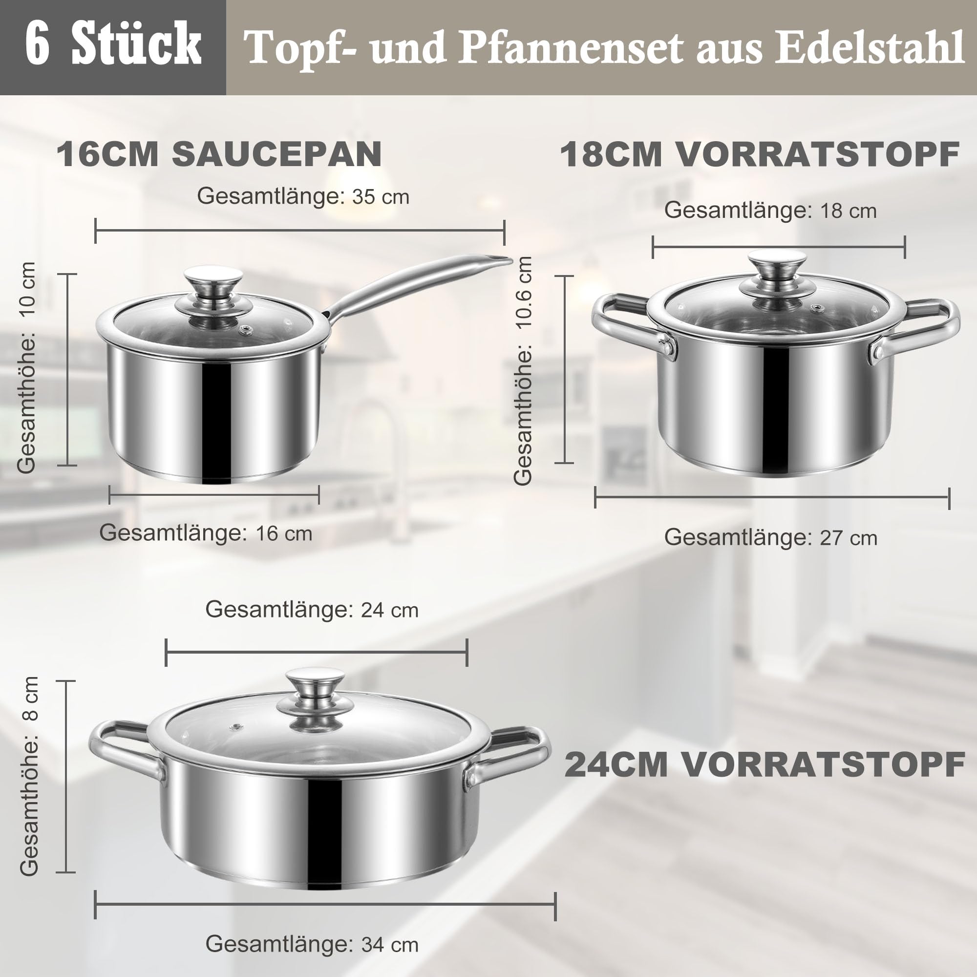 6-teiliges Edelstahl-Topf- und Pfannenset, antihaftbeschichtetes Kochgeschirr-Set, geeignet für Induktions-/Elektro- und Gaskochfelder, Antihaftbeschichtet, Ofen- und Spülmaschinengeeignet