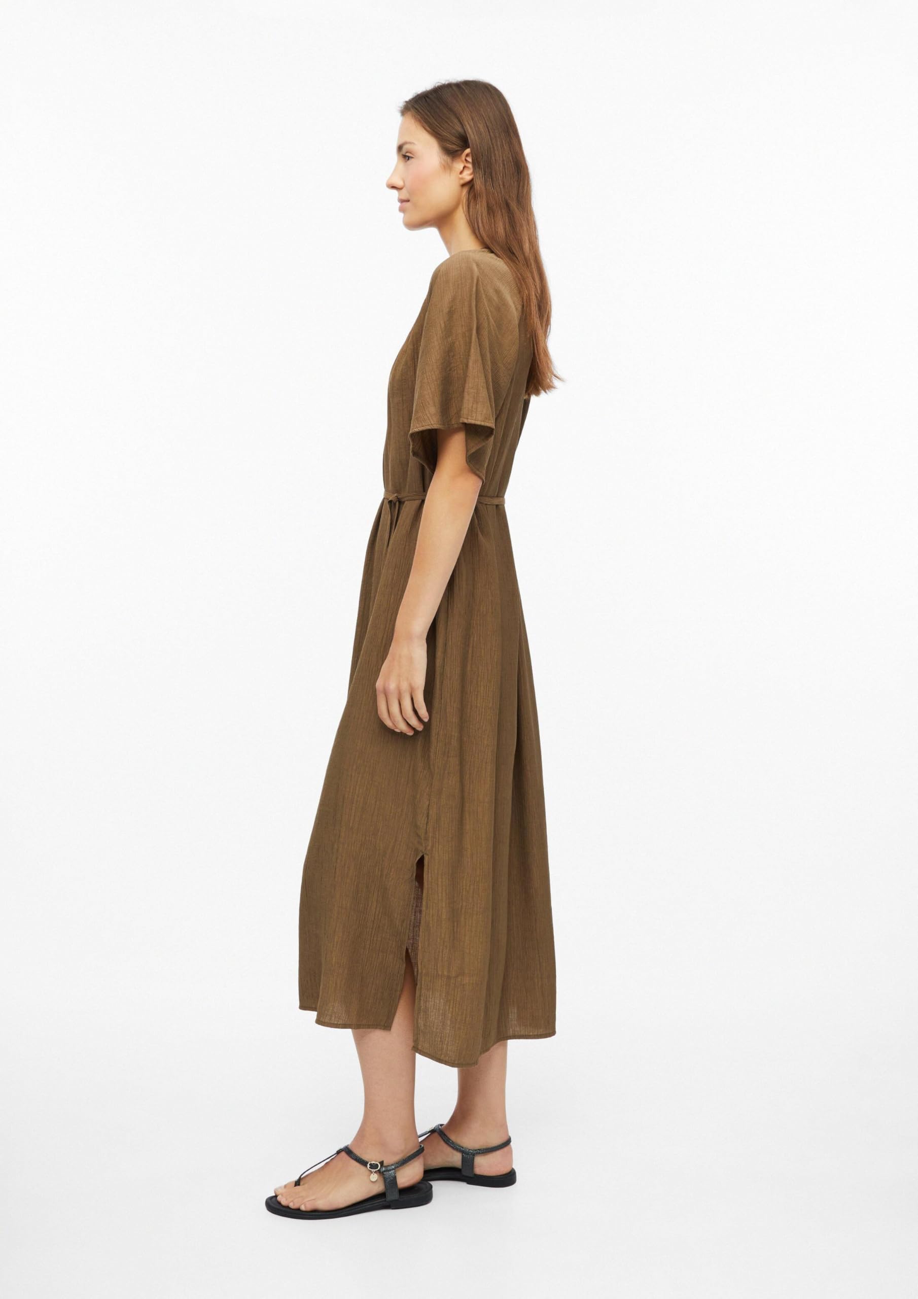 s.Oliver Damen Midi-Kleid – Relaxed Fit, strukturiert, Raffung, Bindegürtel, V-Ausschnitt