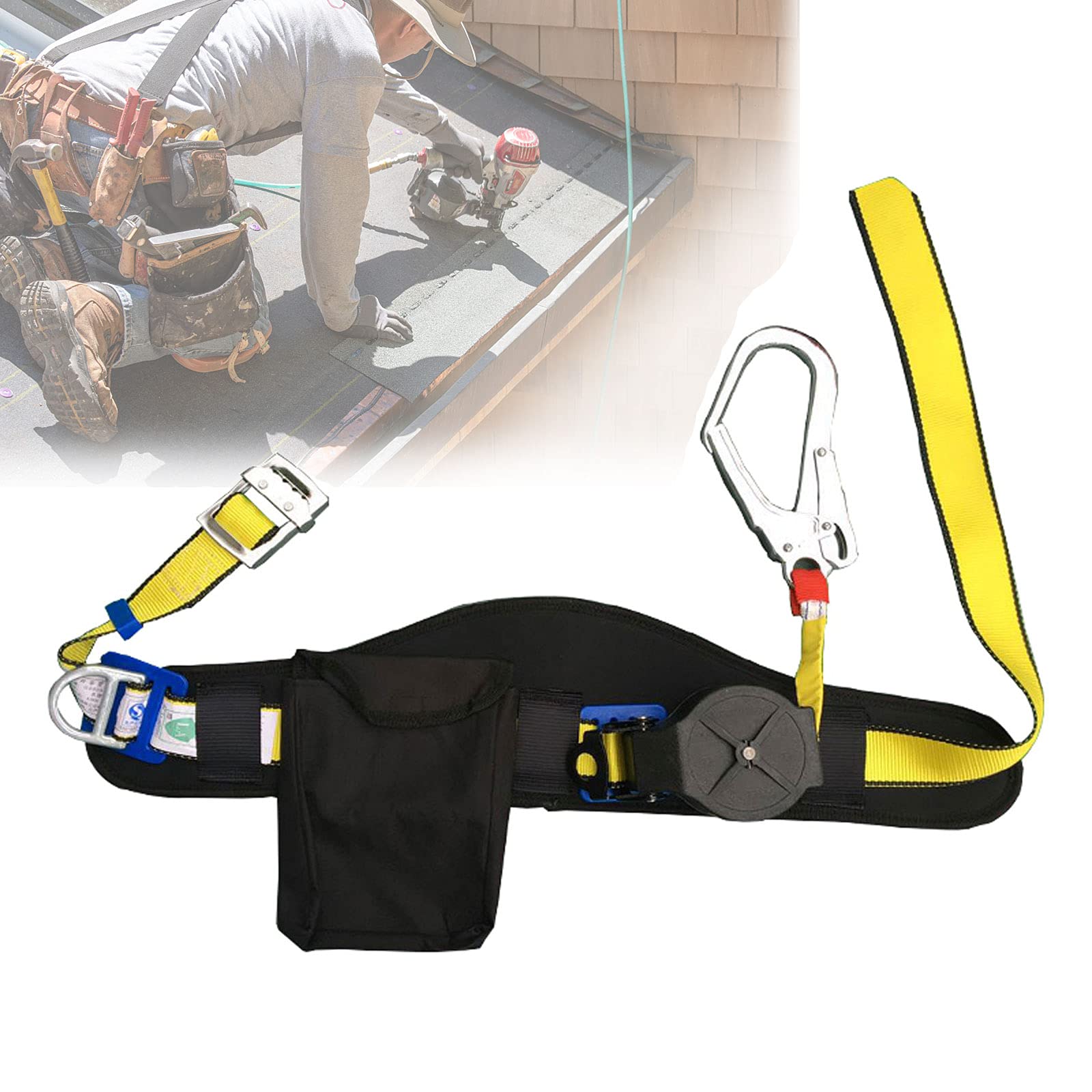 Baudrier Elagage Harnais de Securite, Harnais de Securite Anti Chute pour Toiture et Travail en Hauteur, Sangle Anti-Chute avec Dispositif Antichute Rétractable et Crochet en Acier Allié, 3M