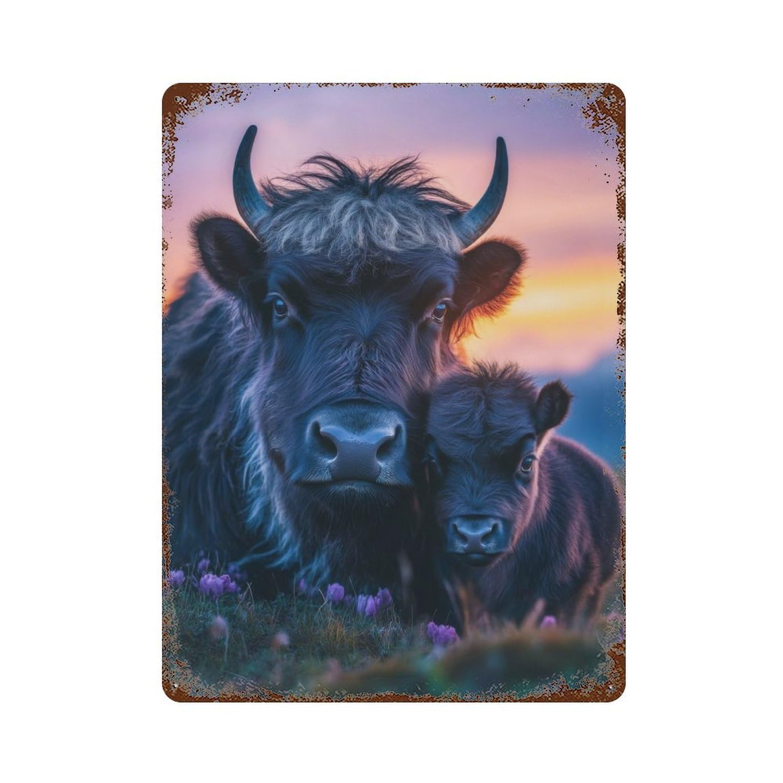 Garage Style Cow And Calf at Sunset Rustic Tin Plaque 15.7"x11.8", Classic Wall Plaque for Bar And Workshop