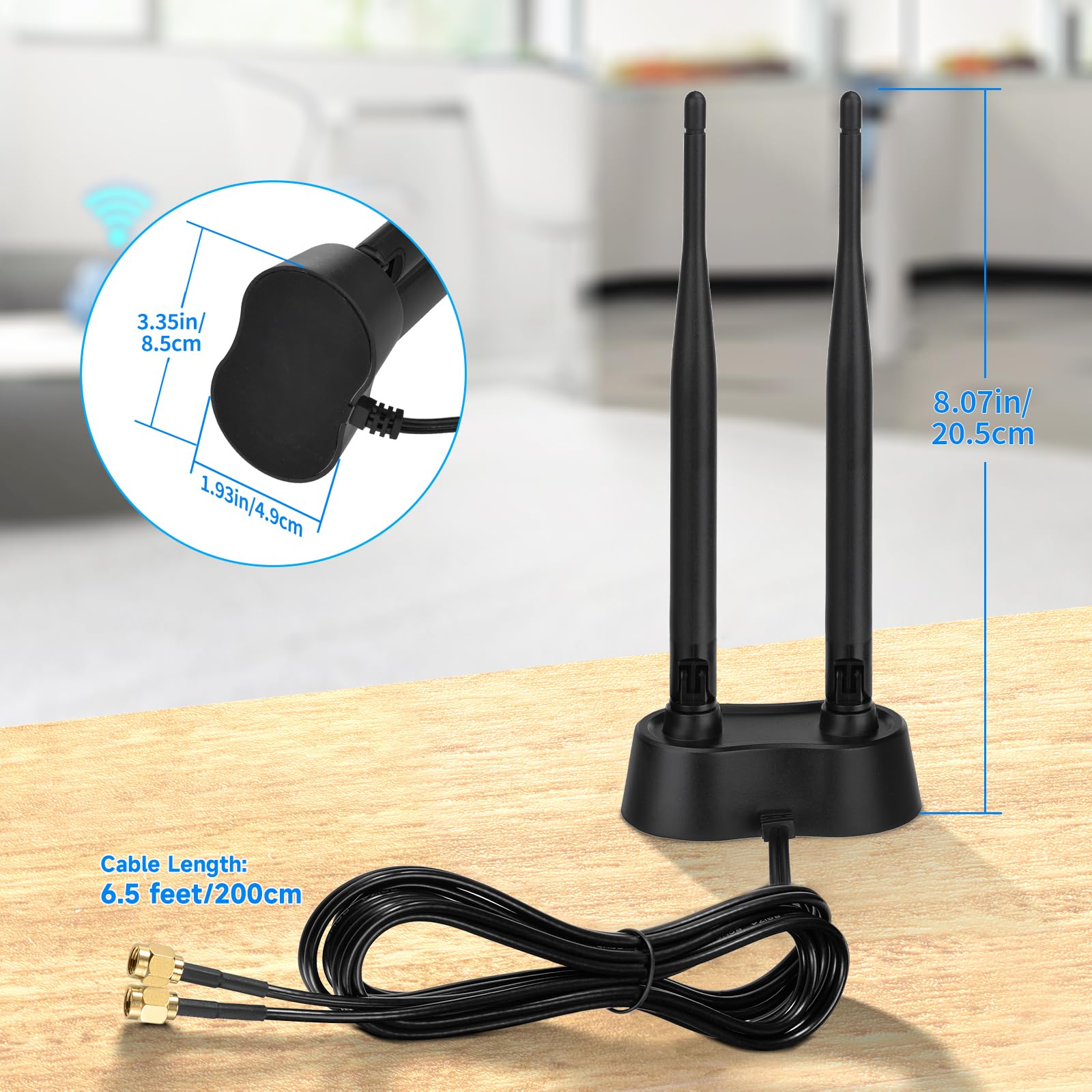 Eightwood 9dBi Dual Band WiFi Antenna 2.4GHz 5GHz RP-SMA WiFi Antenna with Magnetic Base and 6.5ft Extension Cable for PC Desktop Computer PCIe WiFi Bluetooth Wireless Network Card, WiFi Router