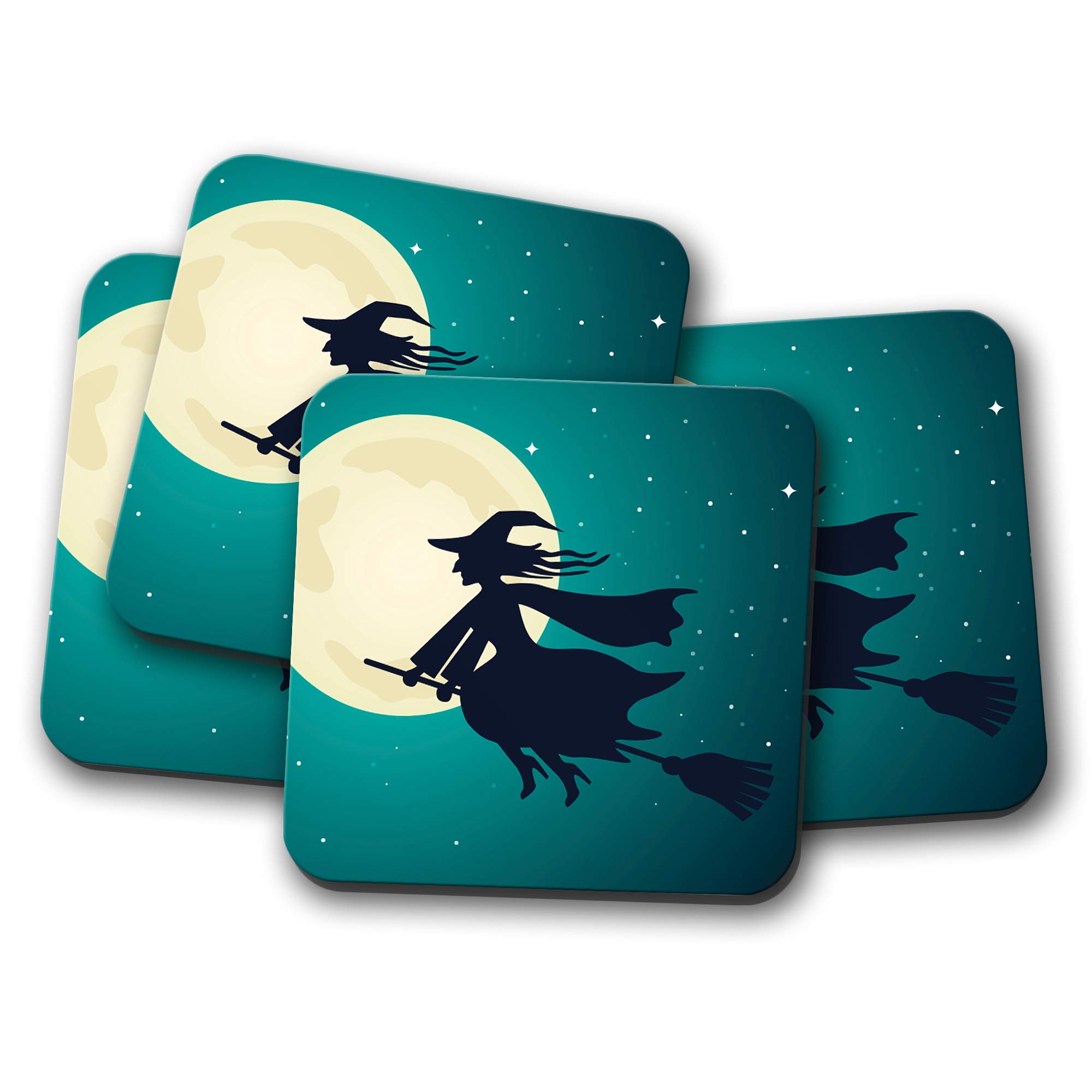 Destination Vinyl Ltd Multicolor 4 Set - Halloween Wicked Witch Coaster - Broom Full Moon Spooky 16738