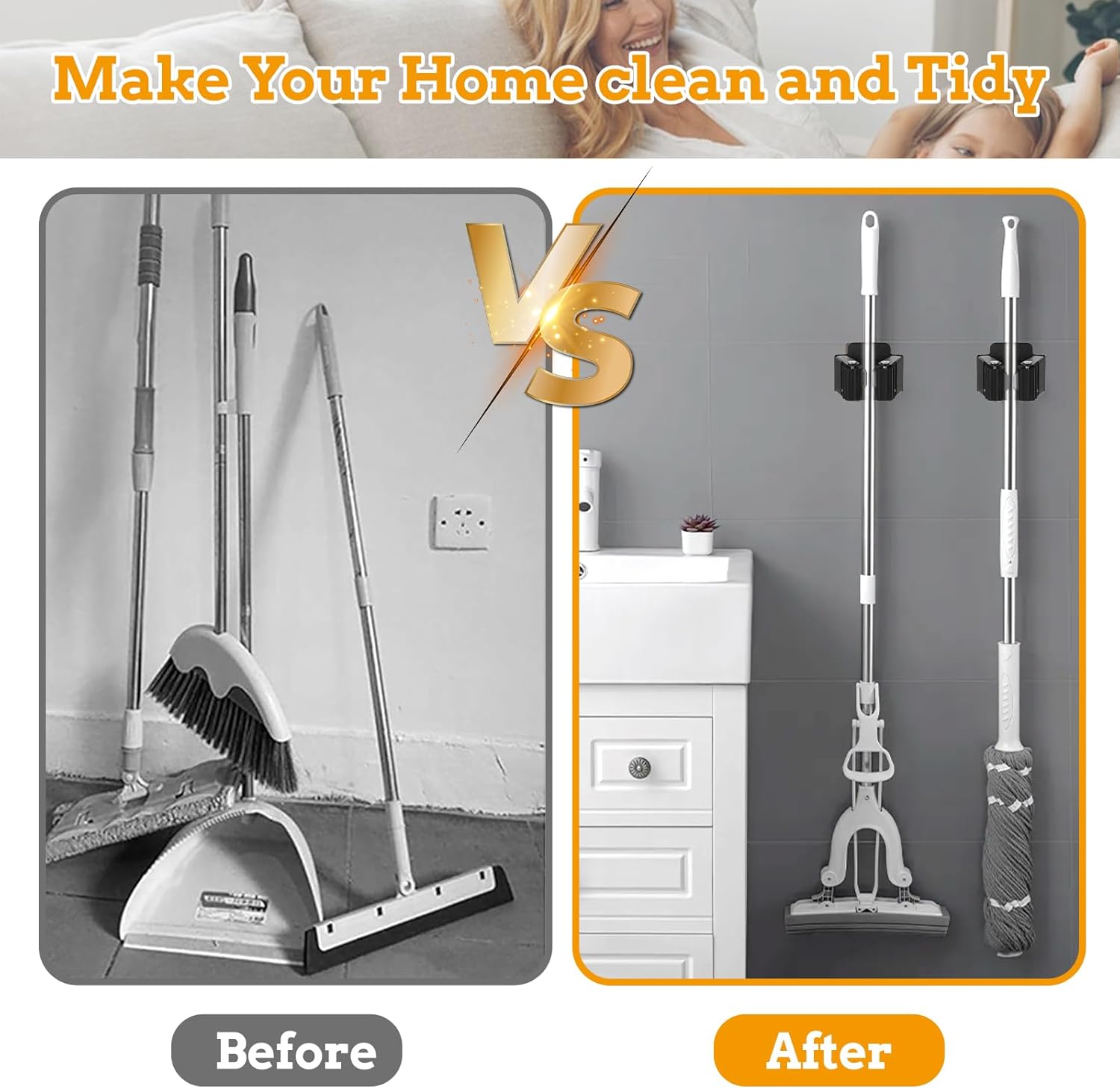 24 Pack Broom and Mop Holder Wall Mount, Hanging Clamp Clip Hanger Utility Rack, Heavy Duty Stainless Steel Adjustable Clamp Organizer with Screws for Garage, Home, Garden Tools, Black