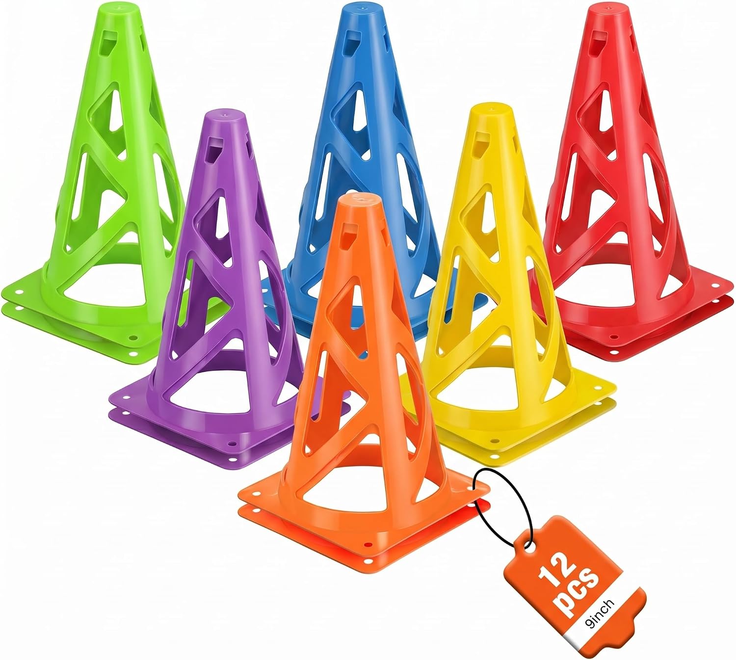 12 Pack Soccer Cones, 9 Inch Agility Cones for Soccer, Football, Basketball, Cones for Sports Training, Speed & Agility Drills, Field Marking Equipment