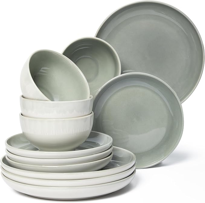 Pokini Stoneware Dinnerware Sets Service for 12, 36 pcs Reactive Glaze Plates and Bowls Sets, Handmade Ceramic Dish Set, Highly Chip and Crack Resistant Modern Plate Set, Brown Green