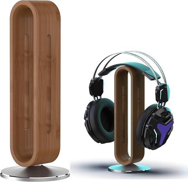 SIKAI CASE Suporte para fones de ouvido de bambu, design de arco em forma de U, base antiderrapante de liga de alumínio, suporte de fone de ouvido de madeira para mesa compatível com fones de ouvido intra-auriculares para (cinza)