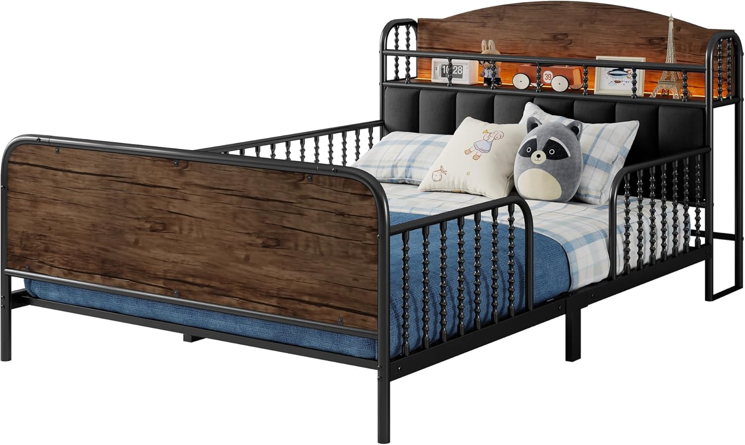 Full Bed Frames for Kids, Metal Montessori Bed Frame with Storage and Rails, Upholstered Headboard, Modern Full Size Beds with LED Light, Low Platform Bed with Slats Support, Black