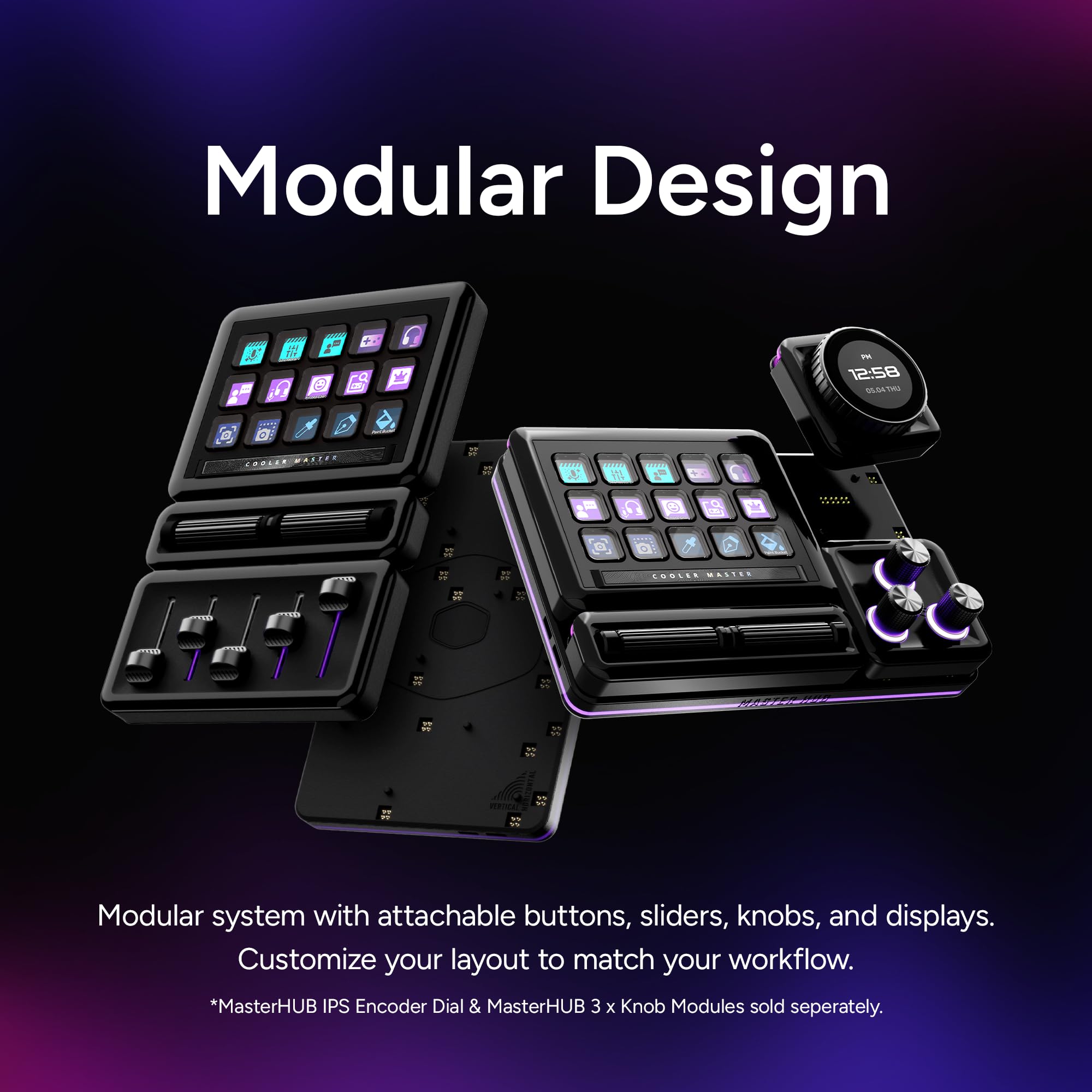 Cooler Master MasterHUB Creator Kit: Freeform 2.0 modulare Plattform – ermöglicht es Ihnen, mit Basis, 15 Tasten IPS-Display, 2 x Roller und 5 x Fader-Modulen anzupassen – Stärkung Ihres Workflows | Streaming & Content Creation, 15 IPS Display Keys, 5 Fad