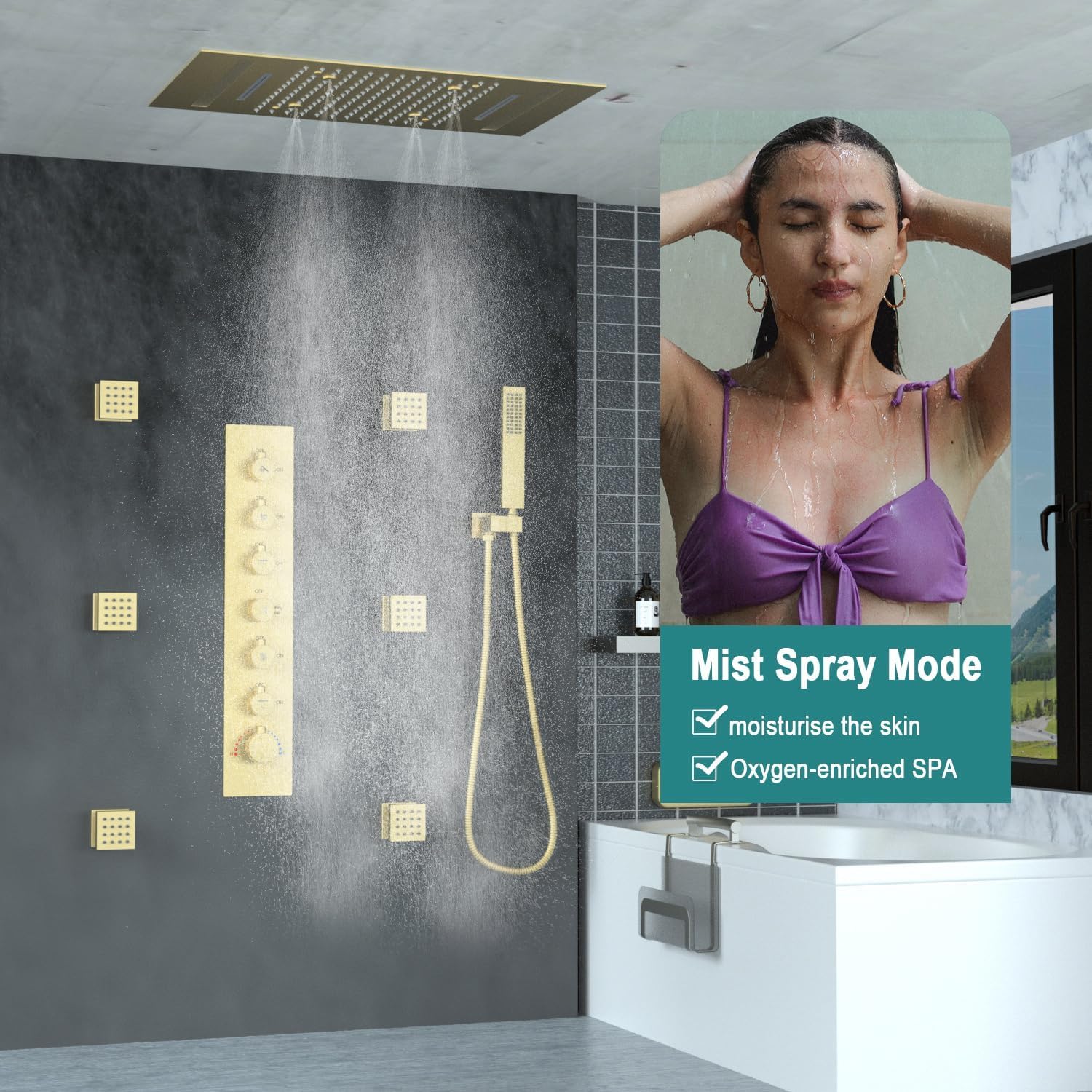 Sistema doccia a incasso a parete con 6 getti e spruzzo, miscelatore termostatico in ottone con LED grande 3 in 1 modalità 35,6 x 50,8 cm soffione doccia a pioggia e beccuccio su/giù, oro spazzolato