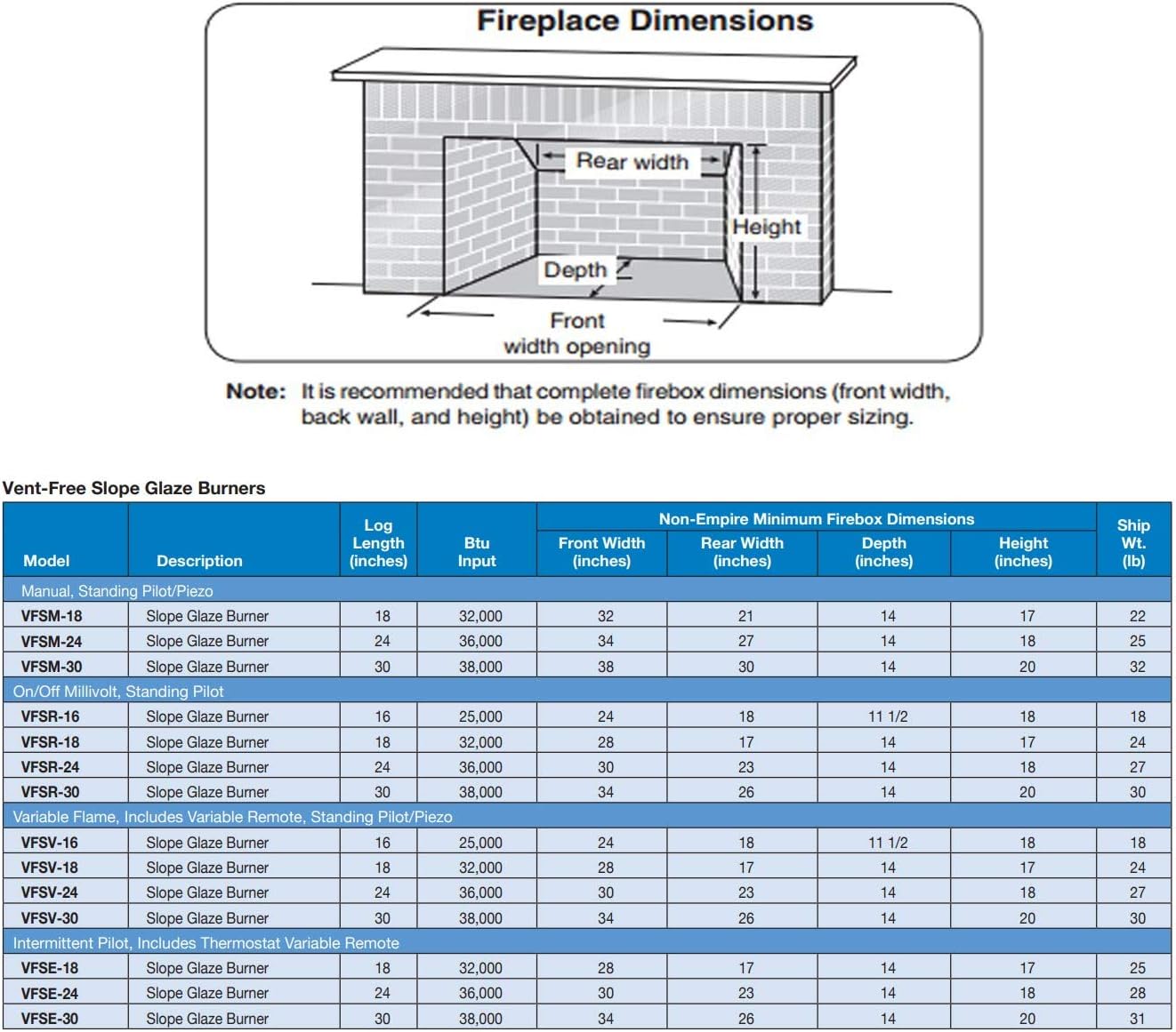 Fireplace dimensions diagram and table for Vent-Free Slope Glaze Burners