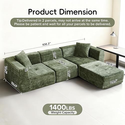 Miniatura 2 de Sofá modular de 108 pulgadas, diván en forma de L, sofá deshuesado de felpilla de gran tamaño con asiento profundo, sin montaje, sofá nube de 3