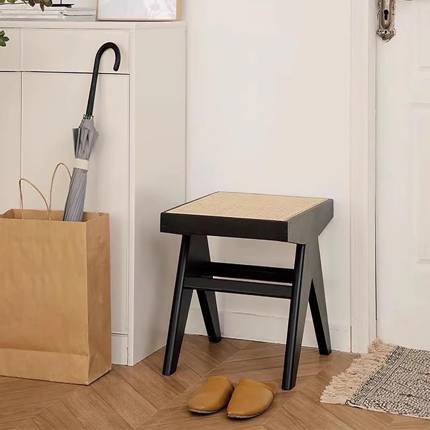 Solid Hardwood Legs, Modern Wicker Rattan Dining Bench, Farmhouse Indoor Kitchen Table Benches, with Armless Design and Short Height, for Living Room, Hallway, Bedroom, Bathroom.(Brown)