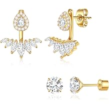 YOIHUR 2 Pairs 14K Gold Plated Stud Earrings for Women,Dainty Rhinestone Jacket Earrings,Front Back Studs Earrings for Multiple Piercing,Hypoallergenic Stackable Earrings Set for Jewelry Gift
