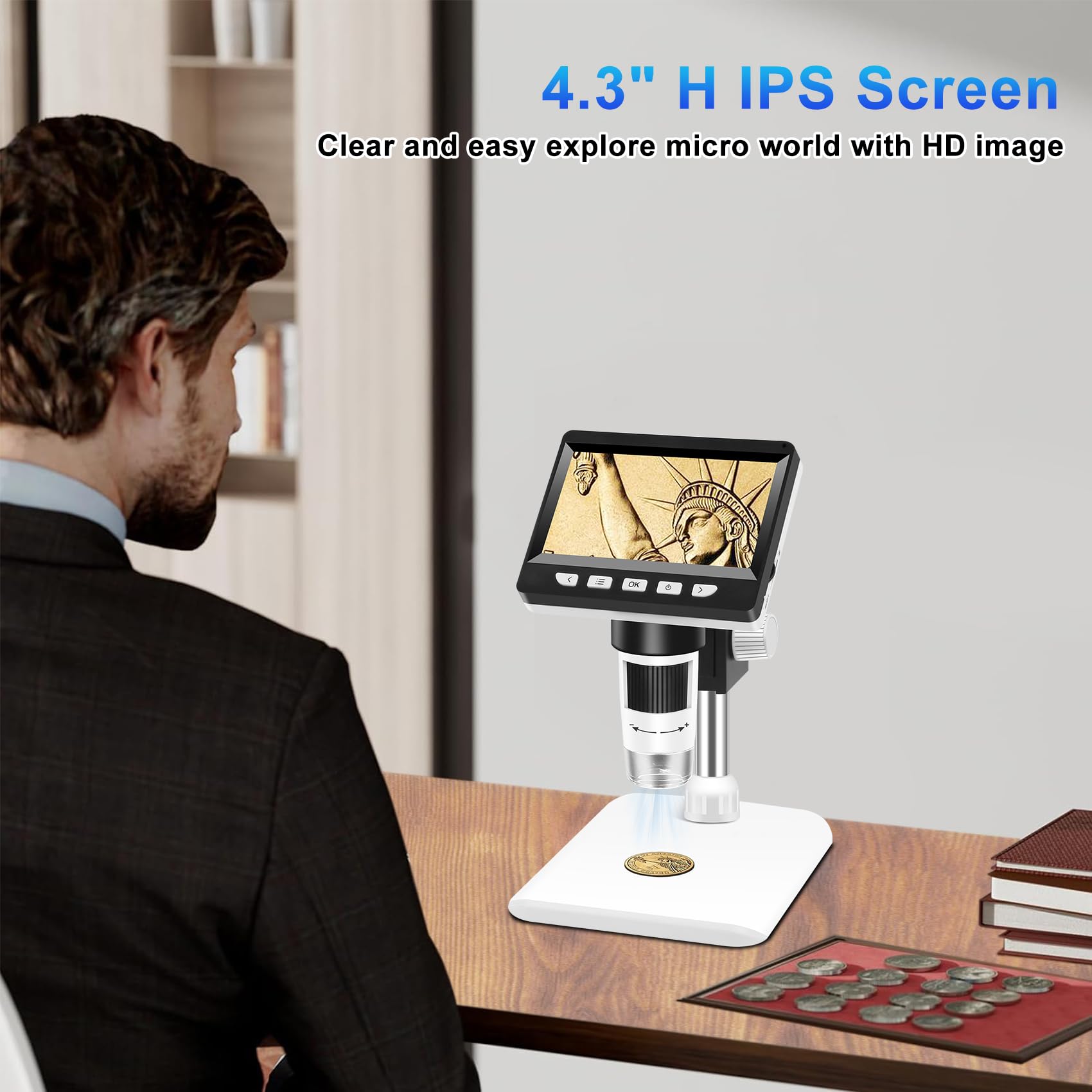 Listone Mikroskop, LCD Digital Mikroskop,4,3-Zoll USB Mikroskop mit 8 einstellbaren LED-Licht,50X-1000X Auflösung,PC-Ansicht,Kompatibel mit MacOS Windows