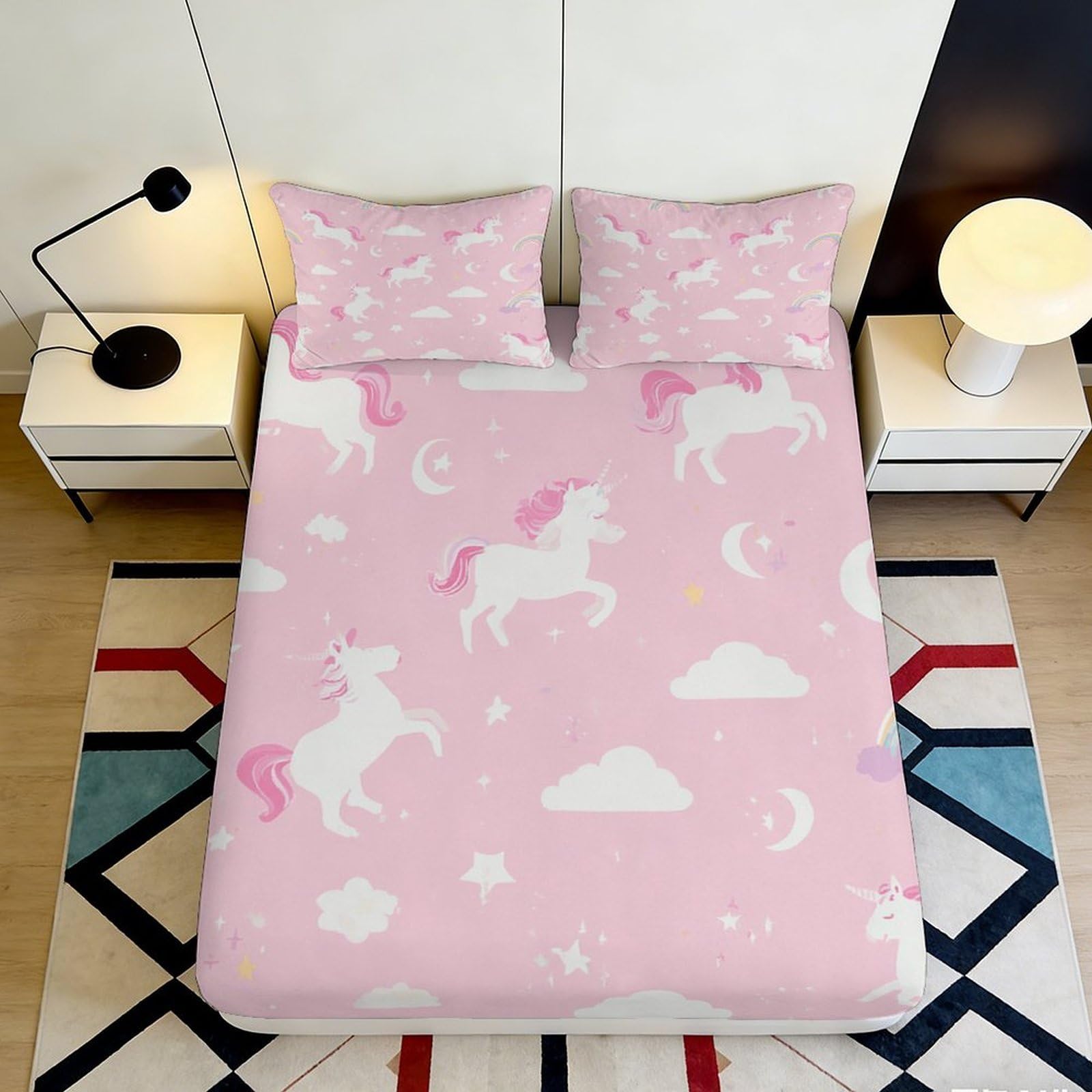 3D Printed Pink Unicorn Fitted Sheet Microfiber Bedroom Decor Cloud Moon Mattress Cover for Adults Teens Kids 90x200x25cm