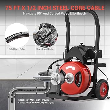75FTx1/2Inch Electric Drain Cleaning Machin, Auto Feed Portable Sewer Snake, Sewer Snake Electric Drain Auger Cleaner with 6 Cutters & Air-Foot Switch for 1-4 Pipes