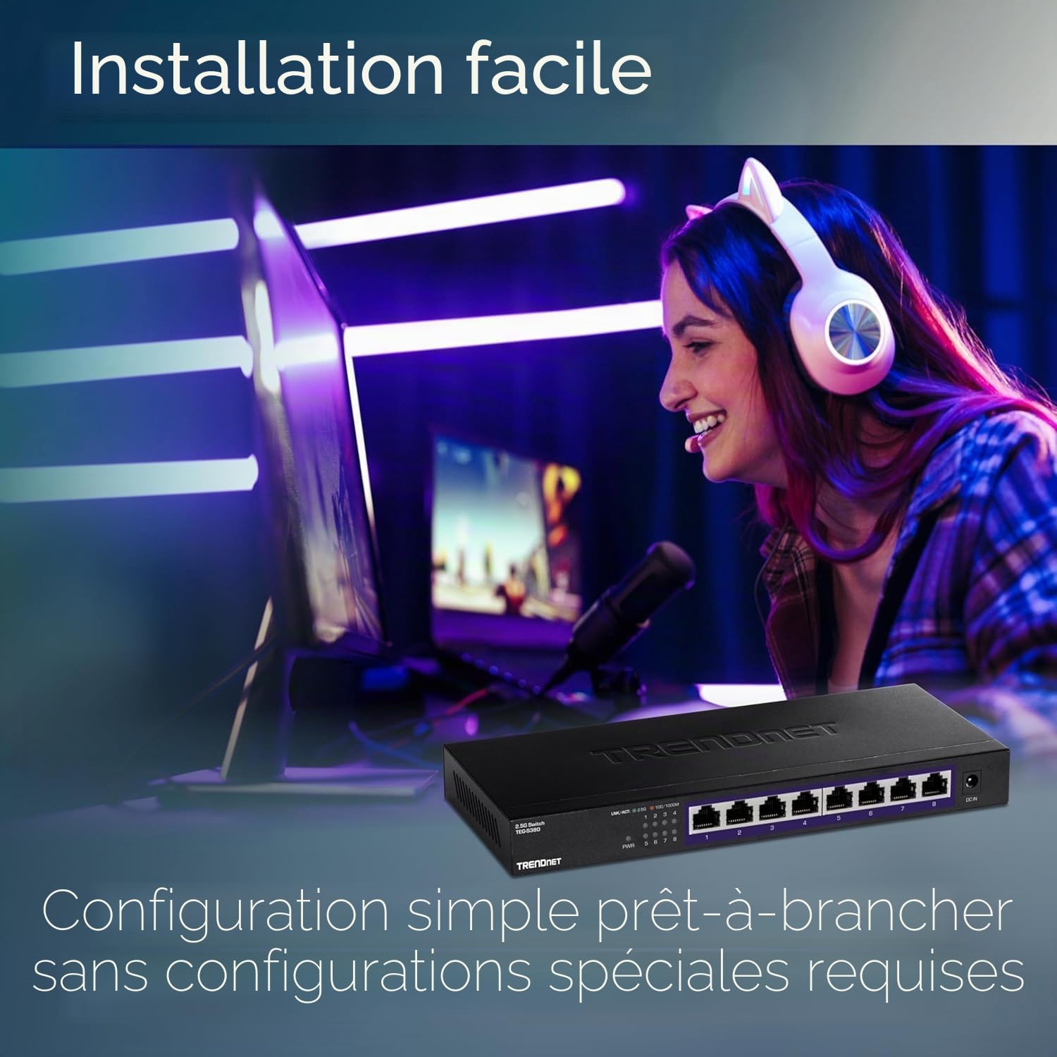 TRENDnet, TEG-S380, Commutateur de Jeu Non géré Multi-gigabit 8 Ports 2,5 Gbit/s, 8 Ports 2,5 GBASE-T, répartiteur Ethernet, Noir