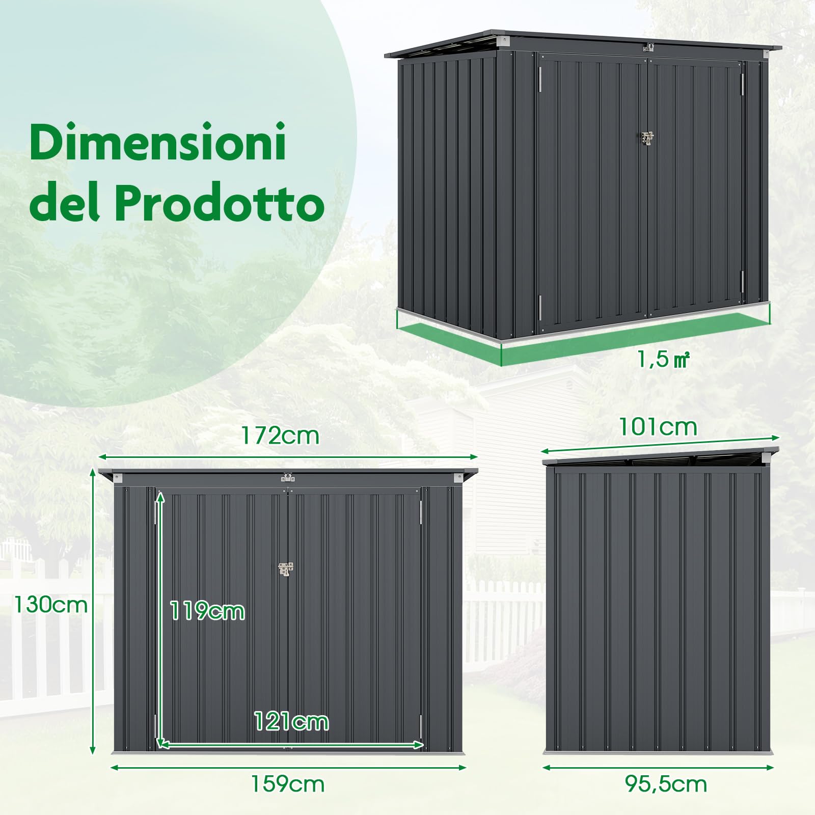 COSTWAY Casetta per Spazzatura Esterna 1,51㎡, Capanno da Giardino Bloccabile in Metallo Zincato Resistente alle Intemperie con Doppie Aperture e 2 Porte, Ripostiglio per Patio (Grigio)
