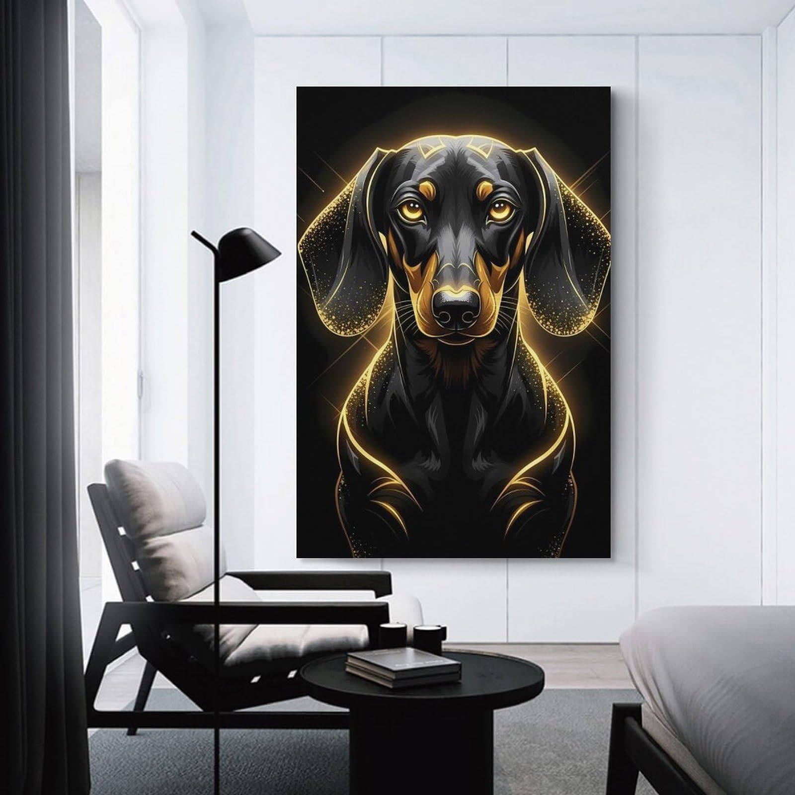 Junmoney Unframe-Style-23 Elegant Dachshund Portrait With Golden Accents Home Decor Wall Art 24X36inch(60X90cm), For Bedroom, Guest Room Or Reading Nook, Decorative Wall Art For Cosy Rooms