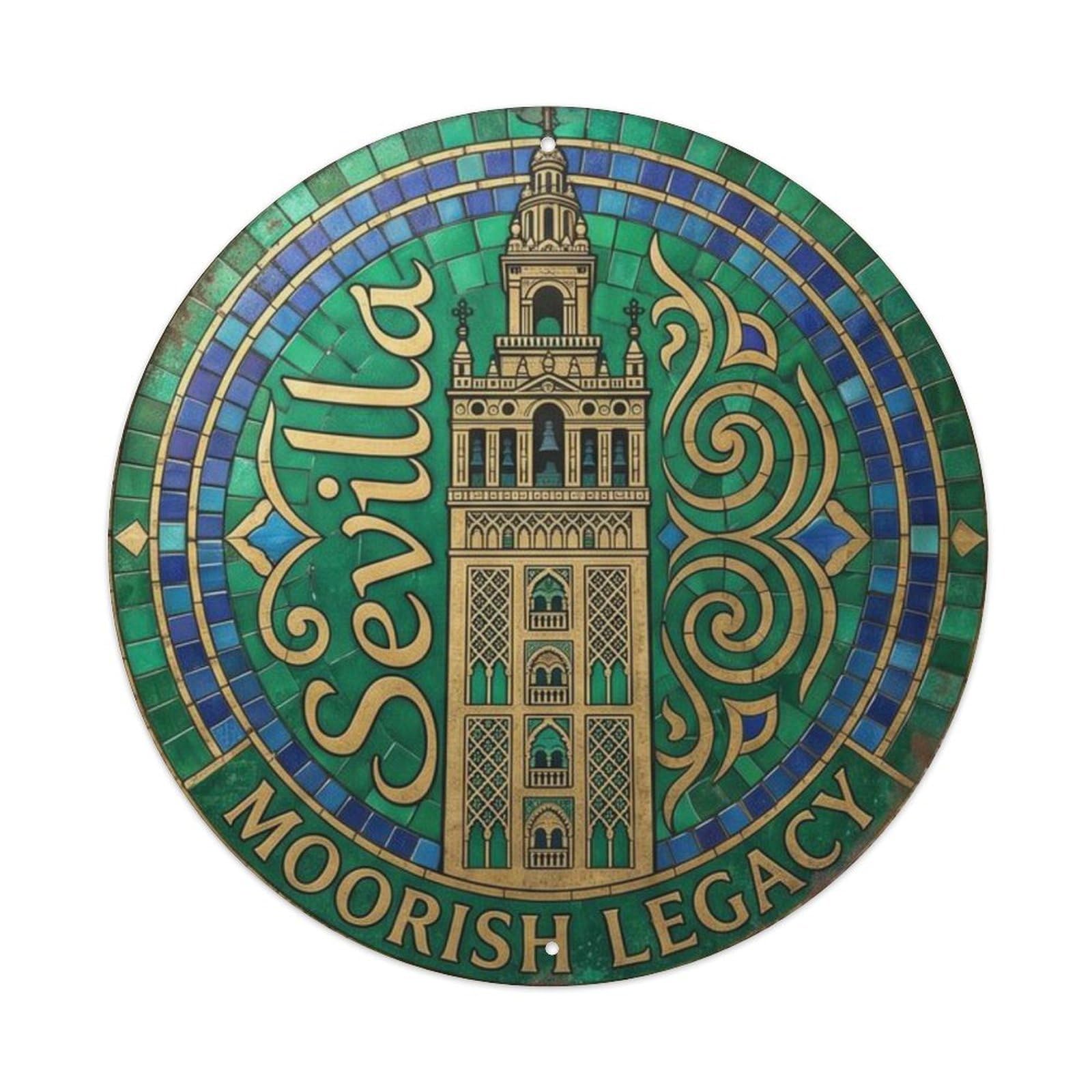 Giralda Moorish Study Tower Metal Tin Sign Plaque Wall Decor for Cafe, Club Bar, Office, Home Garden Round Metal Poster 8x8Inch
