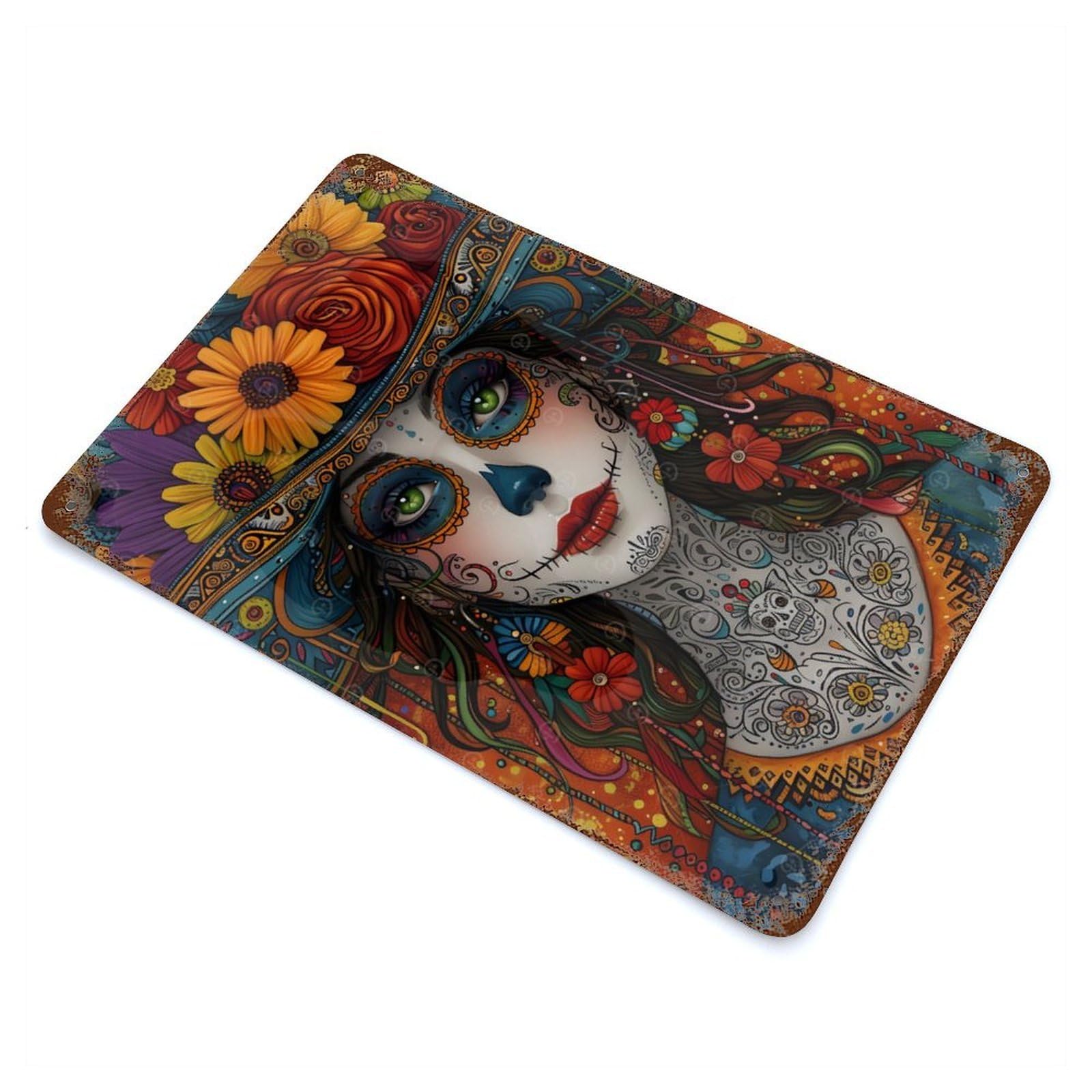 Day of The Dead Portrait Vintage Rust Metal Sign 11.8"x7.9", Farmhouse Wall Decor for Garage, Pub Or Kitchen